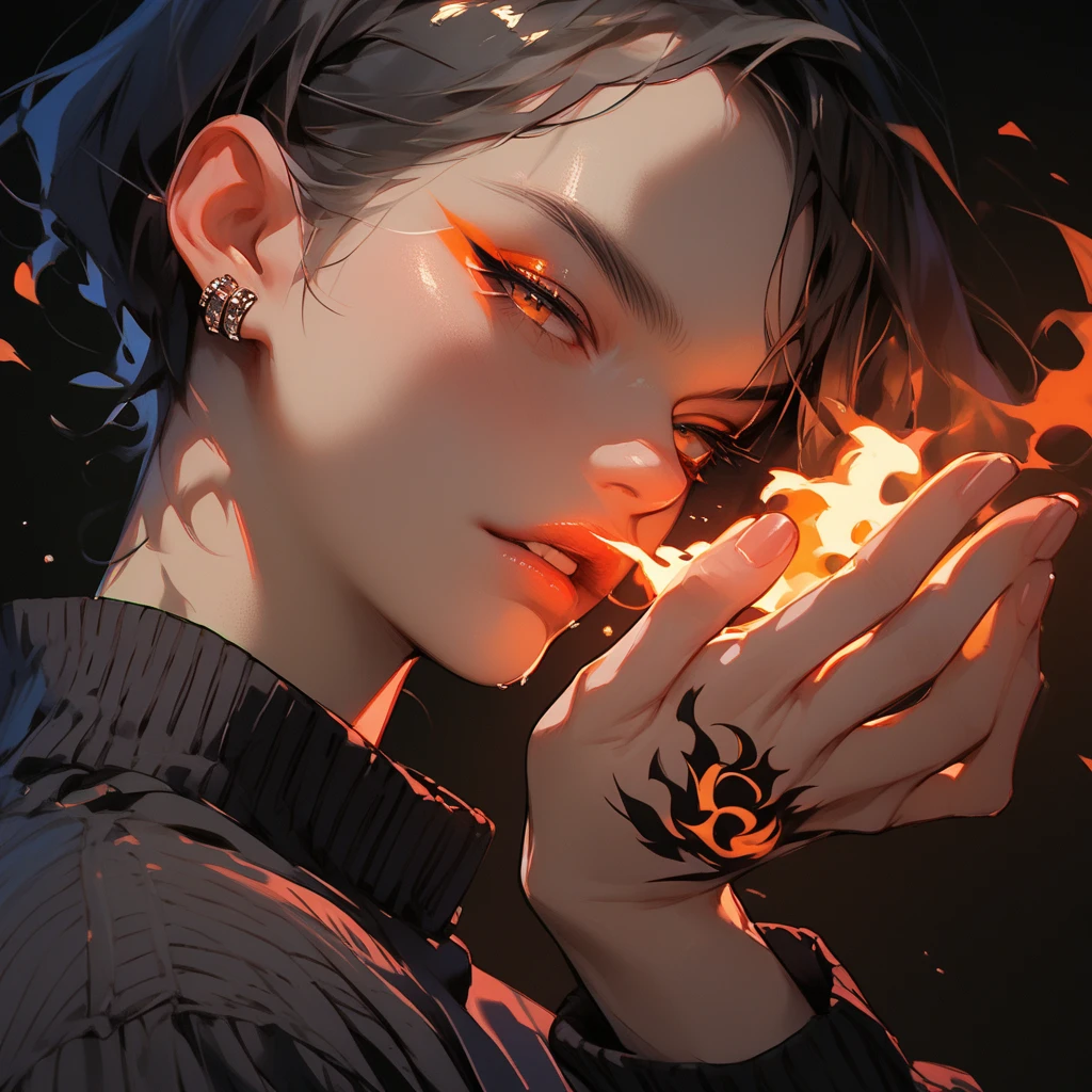 young boy, short black hair, closed eyes, white tattoos on the face, Daredevil, Masterpiece, high qulity