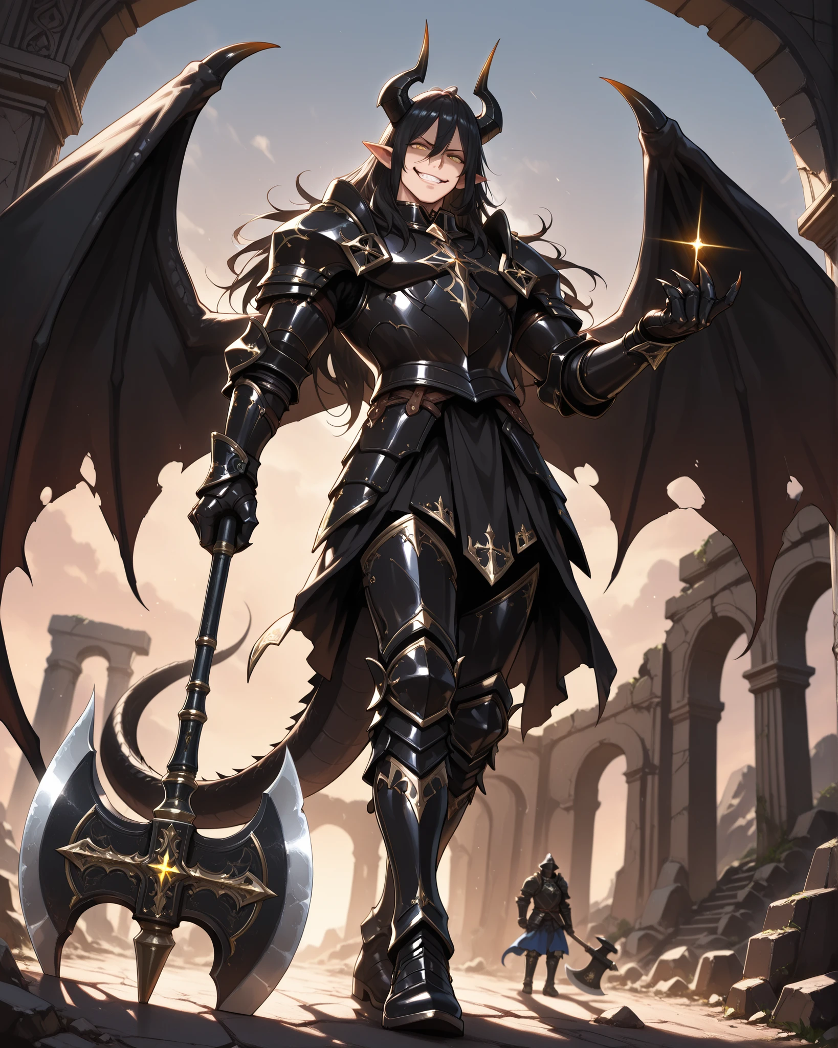 (masterpiece, best quality: 1. 5), (128K Ultra High Resolution), (intricate detail, super detailed, extreme detailed: 1. 5), (best illustration), detailed depiction, highres, 8K, CG, detailed line work, ((Anime)), from below, wide angle, (1 male), lean body, (beautiful guy), (strong body, masculine), weredragon, (japanese anime style), glossy black, (shiny black leather), (beautiful golden eyes, finely detailed eyes, bright eyes, vertical iris: 1. 5), hair between eyes, (long hair, thick and luxuriant hair, wild hair), sideburns, (sly grin, smirk, evil smile), teeth, confident, black hair, (ultra detailed face: 1. 5), shiny skin, long pointy ears, twisted torso, long-legged, sculpted face, wasp waist, broad shoulder, slim waistlines, wide chested, sinewy body, dragon horn, dragon tail, dragon wings, dragon sharp claws, half dragon half human, (black armor with a lot of grandiose decorations), (oversized axe, holding detailed huge axe on hand: 1, 5), (dramatic angle), dynamic posture, ultra detailed black armor, all black outfit, dressed in black, emphasize face, sharp focus, oblique angle, good-looking man, well-polished black armor, cinematic, glowing glitters, ray tracing, (highly detailed artwork, detailed black decorations), dramatic shadows, wonderful pose, stark contrast, heavy shadows, beautiful and aesthetic, photoreal, (mysteriously crafted black metal armor: 1. 5), sparkling accessories, true-to-life visuals, artistically refined, dramatic contrasts, (extremely delicate and beautiful armor, elaborate armor details, armor with intricate engravings: 1. 5), (exquisite goldwork), ((armor-type boots)), (wonderful black armor, detailed shoulder armor with intricate engravings: 1, 5), ((dark fantasy aesthetics)), very gorgeous and dazzling, (ultra detailed fantasy black armor, dark fantasy black knight, in a cursed dark armor, wonderful spiked armor: 1, 5), (Hyper Detailed & Perfectly Designed Black Armor: 1. 5), sky, (ancient ruins), splendid scenery background