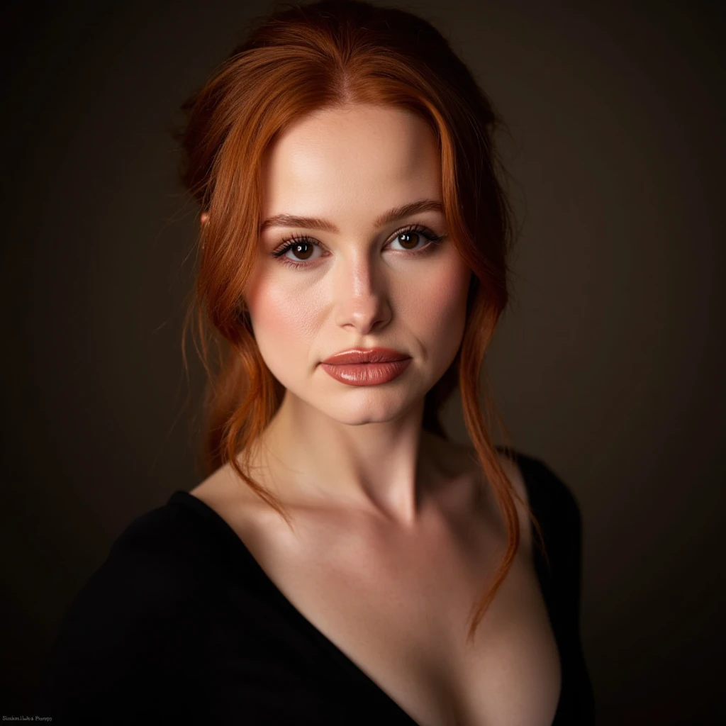 A redhead girl, , using a bra harness, beautiful detailed eyes, beautiful detailed lips, extremely detailed eyes and face, long eyelashes, photorealistic, 8k, high quality, dramatic lighting, fancy, dark moody, cinematographic, chiaroscuro