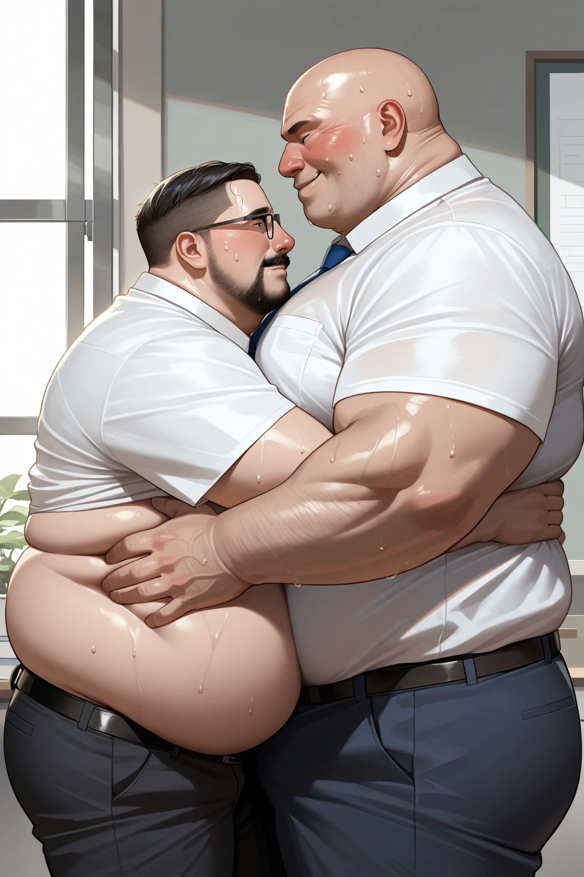 Public officials,,Masterpiece,top quality,in restaurant,1 male,male,restaurant owner,from the side,Strong uncle makes out with man,(Fat man,big face man),Young man riding on man,(man with black hair,wear,clothes are disheveled,A shy look,blush,open your mouth slightly,trembling with excitement:1.2),overflow,sweating,Steam,