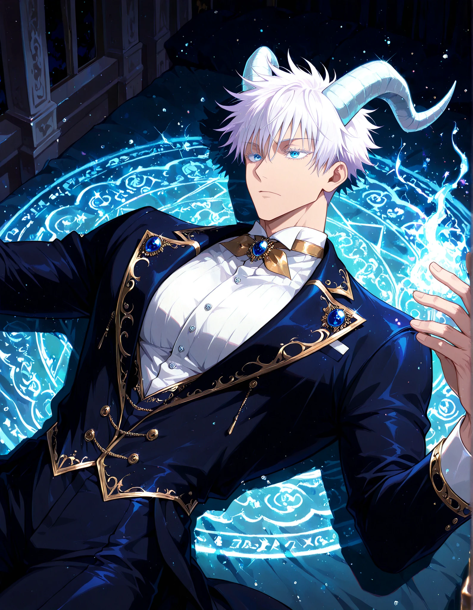 (masterpiece, best quality, highly detailed, mature) male, solo, 1man,adult, male focus, gojou satoru, jujutsu kaisen, blue eyes, white hair, short hair, sexy man, handsome face, colored eyelashes, handsome face, beautiful face, beautiful colors, medium shot, victorian clothes, aristocrat, royal clothes, dark blue accent, indigo colored, indoors, serious, Egoat horns, white hair, horizontal pupils, beautiful male, dark background, night, castel, View from above,Enchanted eyelashes, delicate, style, Anime, digital painting, soft shading, fantasy, Neon Pastel, Ethereal Art, UHD, best quality, high detail , dark aura glowing, dynamic pose, lying, lying bored in bed, bored facial expression, castle interior, luxurious, glittering, shiny, sparkling, magical, particles, dark atmosphere, magical aura, playing with magic circle,