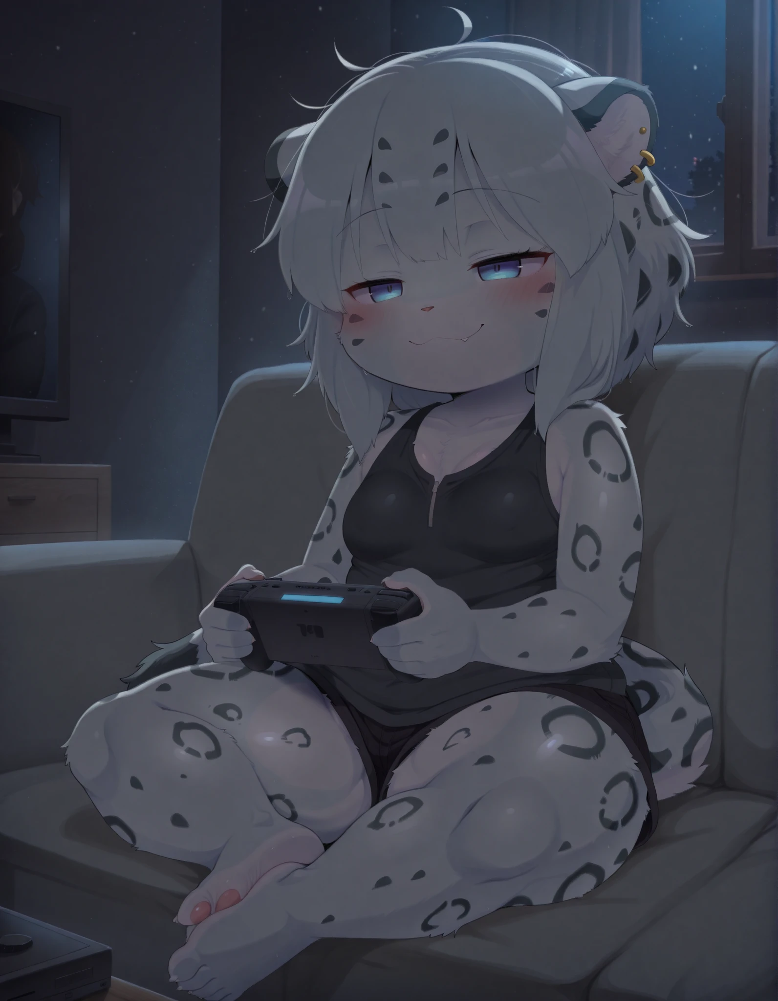 dagasistyle,, dagasiyuki, leopard tail, furry, (Masterpiece, best quality:1.2), 1girl, console, tv, playing games, living room scenery, night, couch, sitting cross-legged, dark lighting, detailed shadows, BREAK, 1girl, furry girl, snow leopar ears, snow leopard tail, short, ager, shortstack, female is cute, female is short, big thighs, soles, small breasts, clothed, blue eyes, smug, short messy hair, cute, vneck cyan hoodie, black mini shorts, black polo neck shirt, 1quarter closed eyes, focused, ear piercings in leopard ear, raised eyebrows, relaxed, mature, best quality eyes, comfy lighting, darker background, [[wide shoulders]], [[small head]], [[reduced head width]], higher eyes, [miniture head], adult proportions