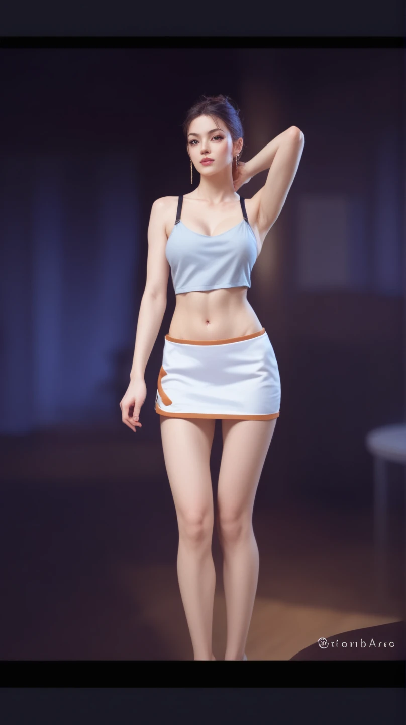 Cartoons of a woman in a bikini and tennis skirt, traje: sbikini, is wearing a swimsuit, roupa feminina, anime vtuber modelo de corpo inteiro, Estilo de pista Azur, s estilo linha de frente, Realistic bikini, design de roupa clara, white skirt and barechest, usando uma regata e saia, meu vestido queridinho anime, detalhes finos. meninainha de frente