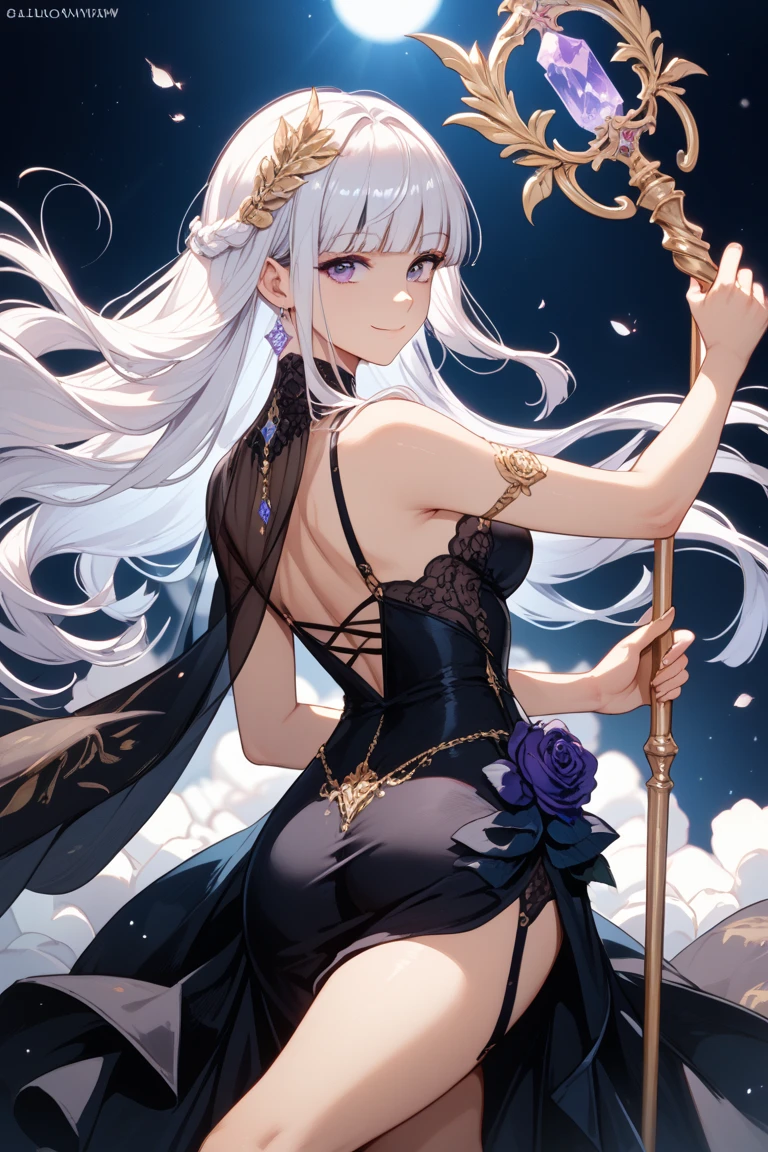 Moon Temple: A Masterpiece of Best Quality

In the heart of the night, under a starry sky, lies a sacred temple, a lunar temple bathed in the ethereal glow of the moon. A single girl, adorned in a black, elegant kimono with silver details, stands amidst the sanctity. Her long, white hair cascades down like a waterfall, framing her striking, purple eyes that gleam like stars. Her normal chest is modestly covered, contrasting with her heavenly beauty.

Her eyes, like those of a dragon, are large and black, their edges subtly adorned with silver. Her lips are painted with a subtle shade