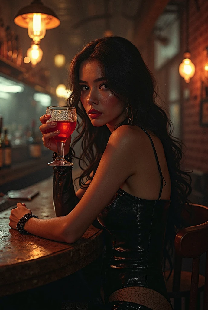 Vampire Girl , Masterpiece, ,(solo:1.1), a perfect face, (vivid lighting:1.2),beautiful detail eyes, extremely detailed face, perfect  lighting,Masterpiece, Best Quality, 1girl, pale skin, hairlong, 20years old , red eyes, fangs, A glass of blood in his hand, Complex hairstyle, Vampire Fangs, open mouth, sharp teeth, Vampire Fangs, in full height , seductive position