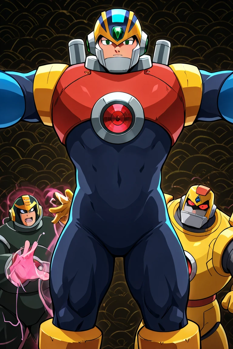 Desert Oasis,Huge muscles,Huge erect penis,Boy wearing a blue helmet,Hero Suit,(((8-year-old boy))),Rubber Suit,prison,Crying with a big mouth open,8 heads,((Massive ejaculation)),Trembling with pleasure,A suit with a reddish purple pattern,A mixed pattern of purple and red comes to mind.,Unfocused eyes,Standing with Rockman EXE
