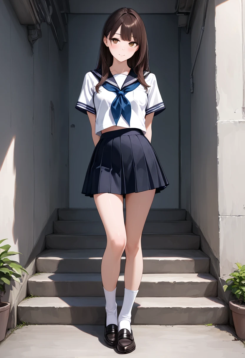 女の子 in a blue skirt and white shirt standing on a roof, Beautiful school girl, (Hair blowing in the wind:1.3), (The wind is blowing my skirt:1.2, Panty shot:1.3), Slender body line, Small and slender figure, (Beautiful breasts), Small beautiful butt, Alluring thighs, Cute girl visuals, Beautiful eyes in every detail, double eyelid, Beautiful long lashes, Captivating Lips, Beautiful small face, high nose, Kantai Collection Style, ( beautiful girl, Baby Face, ), Yukina Himeragi, Attractive girl, Smooth CG art, Moe art style, Best Girl, Young girl, (Detailed eyes and face:1.3, Professional photography techniques), (Highest quality, 8K, masterpiece:1.2, RAW Photos), Gaze at the viewer, blush, (Photorealism:1.4), (Detailed hands and legs:1.2)