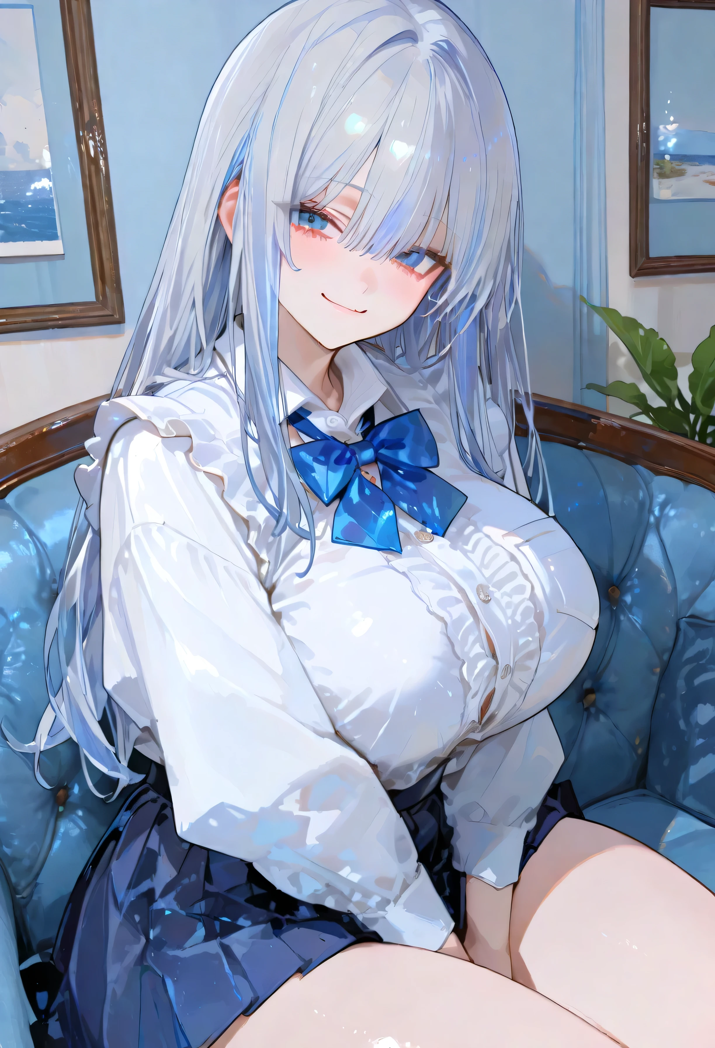 nsfw, 1 girl, blue right red left heterochromatic pupils, long white hair, white cat ears, maid outfit, topless, visible tits, huge tits, exposed tits, serious expression, thong, looking at viewer.