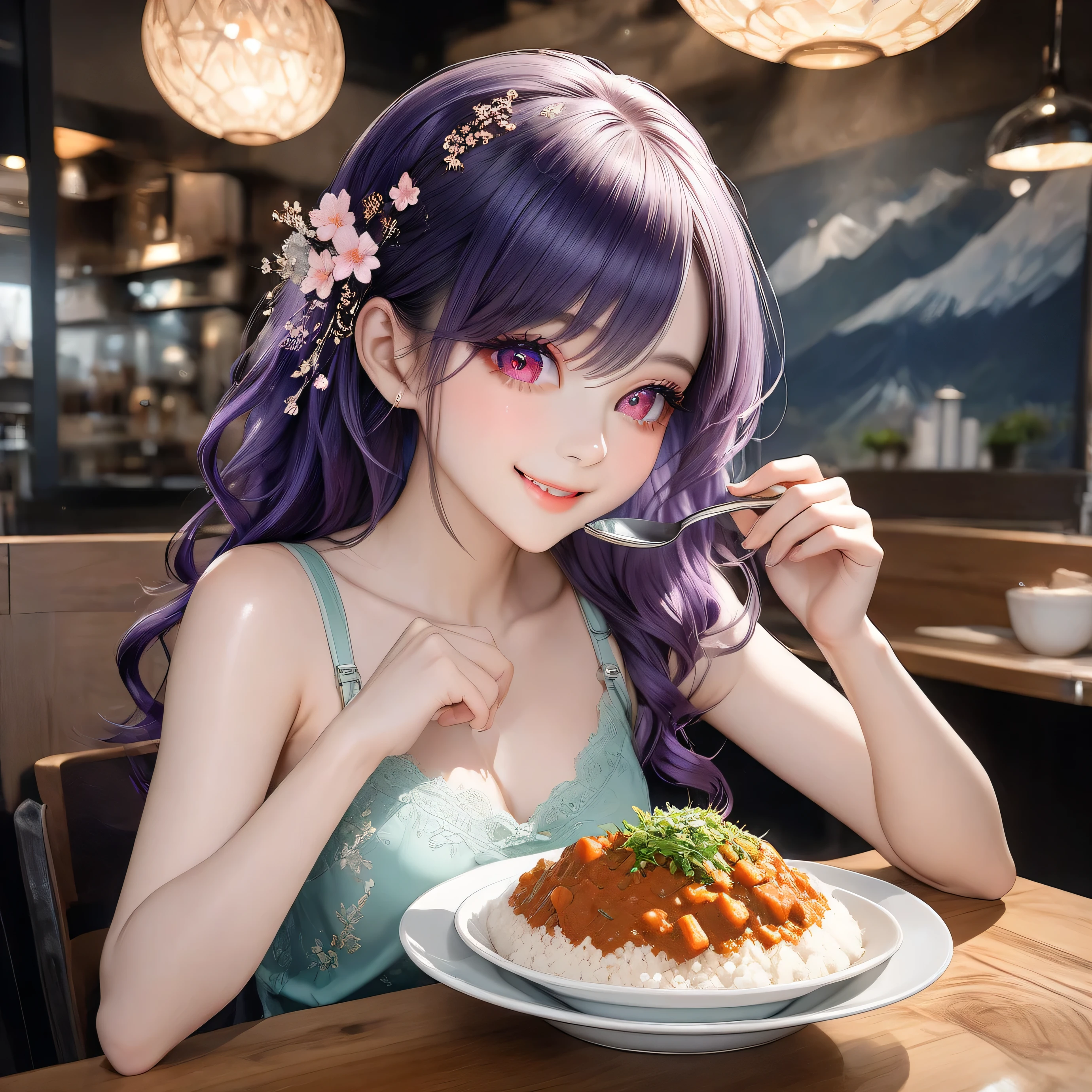 ((Highest quality, 8K, highest resolution, stunning, ultra-realistic)), ((Bra visible through clothes)), ((Wearing a pale green thin silk sleeveless shirt with cherry blossom embroidery), ((Heterochromia, red eyes, blue eyes)), ((Sparkling, detailed depiction of eyes)), ((Crystal-like eyes)), (Long wavy platinum and purple hair), Princess cut, ((Translucent white skin)), Shining skin, Pure white skin, ((Very beautiful, clean features)), ((Small breasts)), ((Anatomically accurate depiction)), ((Five fingers, detailed depiction down to the fingertips)), ((Wearing a pale green thin silk sleeveless shirt with cherry blossom embroidery), (Pale orange bra with fine lace pattern), (Bra visible through clothes), (Transparent, see-through), ((Indigo blue ruffled (wearing a skirt), (navy blue knee-high stockings), feather hair accessory, ((sitting at a restaurant table and eating curry rice by scooping it up with a spoon from a white magnet on the table)), ((eating curry rice by scooping it up with a spoon)), ((accurate depiction of curry rice with beef, onion, carrot and potato)), salad bowl, beer jockey, smiling face, beautiful restaurant interior