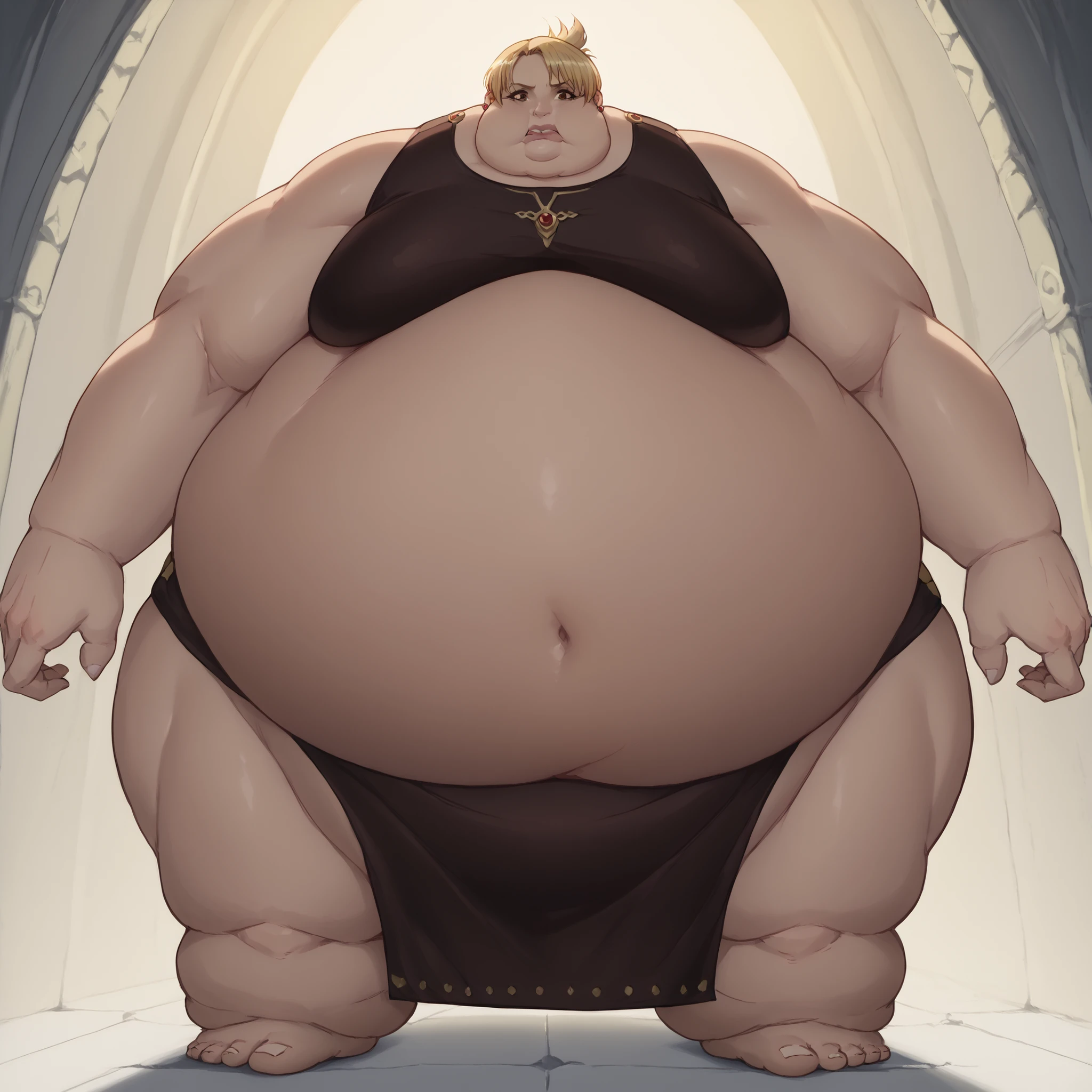 masterpiece, best quality, riza, 1girl, brown eyes, blonde hair, folded ponytail, jewelry, earrings, score_9, score_8, score_7, score_6, score_6up, FMAGluttony, troll, monster, giant, Fat_neck , Fat head , eyes with crushed cheeks , nose with crushed cheeks , mouth with crushed cheeks , chin roll, size difference, giant hands, giant feet, fat, chubby, obese, gigantic arms and legs, gigantic breasts, sagging breasts, full body shot, fat face, chubby face, double chins, big lips, loincloth, fabric clothes, holding a giant battle club