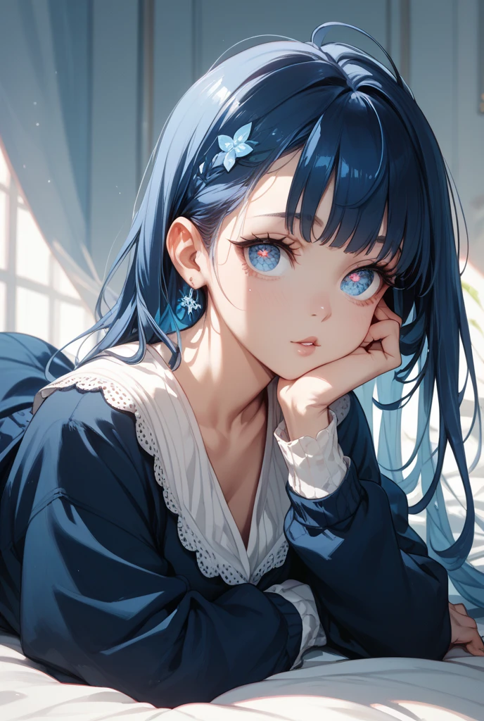 8K, Highest quality, masterpiece, Ultra-detailed、messy hair、Messy Hair、Bright blue hair、full lips、Blue Eyes、18Year-old beauty、Portrait、Bedroom、Waking up、Sleepy look、pajamas