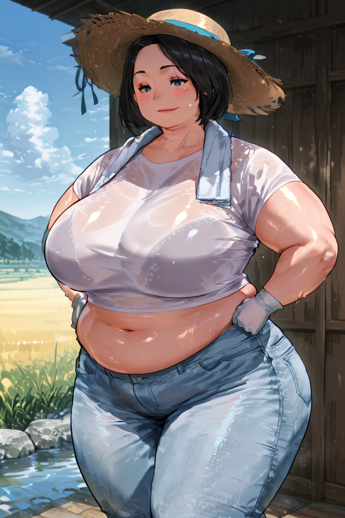 masterpiece、Very detailed、High resolution、8k、Fat face、snub nose, Obese women、Simple smile、Braid、Black Hair、Narrow eyes、White T-shirt、Long trousers、jeans、Straw hat、(sweat:1.4)、Wet clothes、Holding a mulberry in hand、Detailed eyes、Detailed skin、Detailed Hair、field、noon、(Rustic touch),