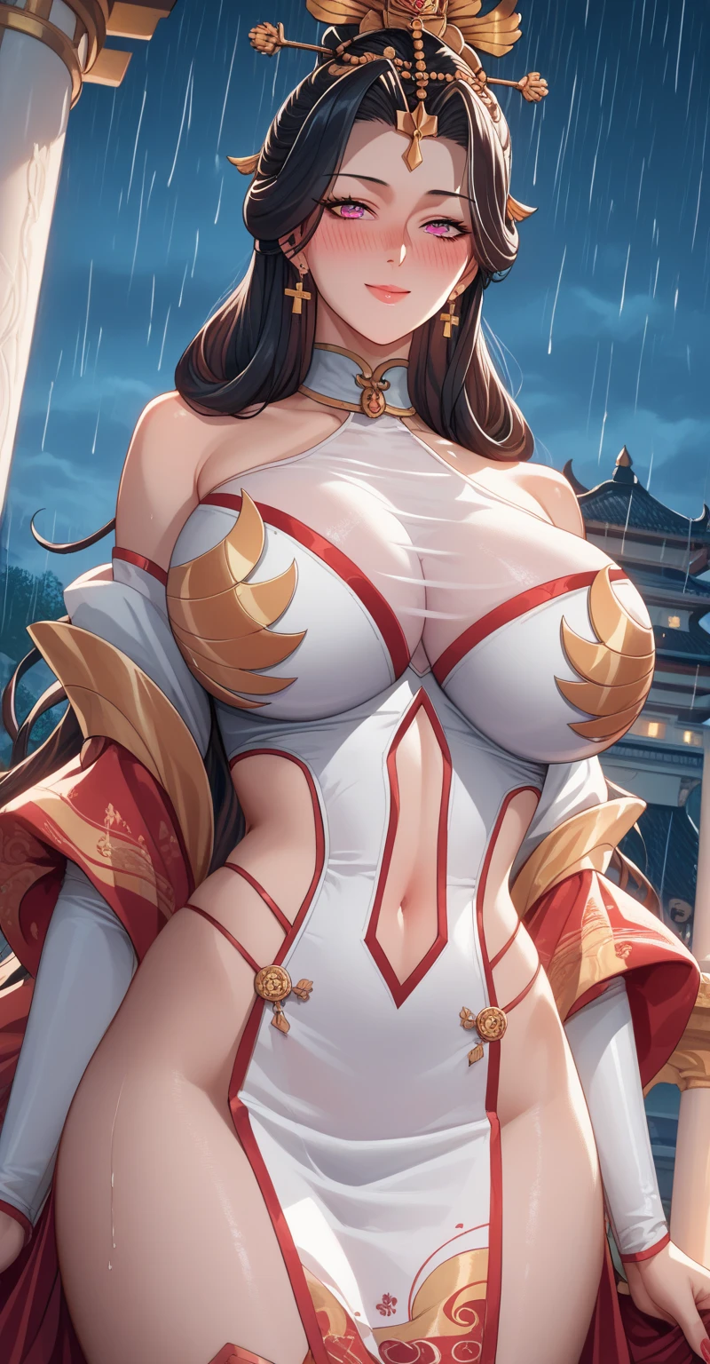 1female，36 years old，熟妇，mature，Bigchest，Big breasts Thin waist，long leges，Raised sexy，Pornographic exposure， 独奏，（Background with：Chinese restaurant，inside in room） She has short black hair，standing on your feet，Sweat profusely，drenched all over the body，seen from the front， hair straight， mostly cloudy sky，（（（tmasterpiece），（Very detailed CG unity 8K wallpaper），best qualtiy，cinmatic lighting，detailed back ground，beatiful detailed eyes，Bright pupils，（Very fine and beautiful），（Beautiful and detailed eye description），Black eyes，Redlip，ultra - detailed，tmasterpiece，）），facing at camera，（The upper part of the body），A high resolution，ultra - detailed），revealing breasts，Bare genitalia，  Bulge，legs are open，sexyposture，Camel toes，Flushed complexion，Open-mouthed，frontage，Chinese samurai，double bun hair，Lotus hair ornaments（Wearing：Red cheongsam，Gold wire embroidery）