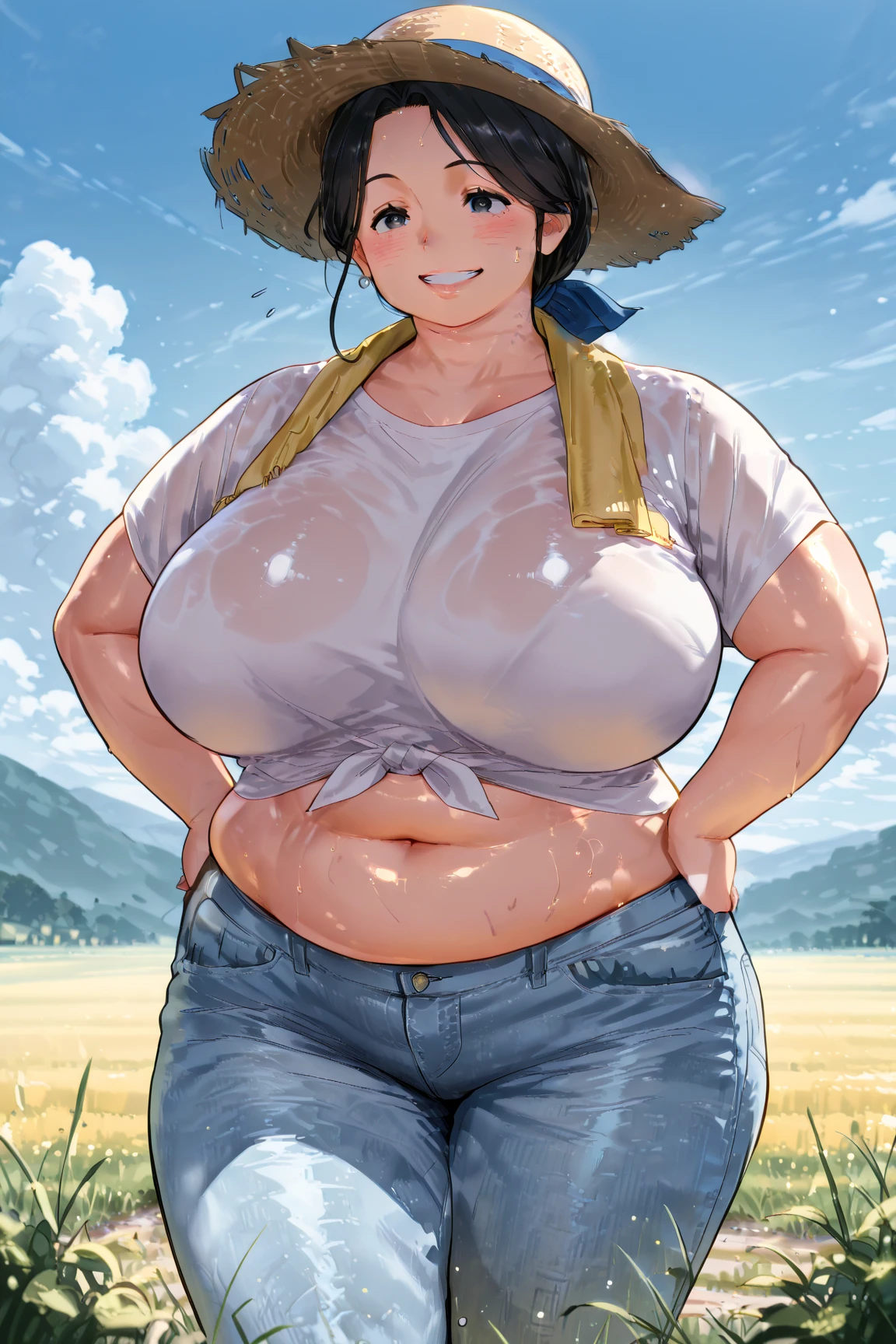 Woman Standing, (hand on chest), (naked), pubic hair, milf, NTR, farm background, big breast, blue eye, (busty), best quality, high resolution, blush, sad smiling, 1 girl, mature female, Beautiful Finger, Beautiful body, Beautiful Nose, perfect eyes, perfect face, looking at viewer, showing her pussy, thicc, embrassing, straw hat, glove, belt, masterpiece, sweating