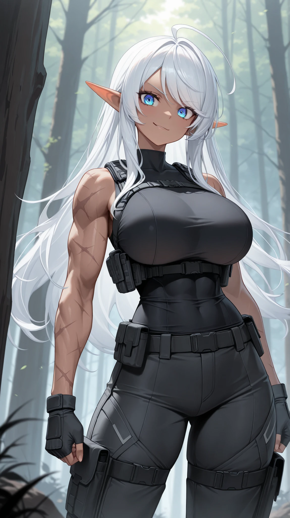 absurdres, (((Ultra HD))), (((Ultra High Quality))), ((hyper detailed)), ((Ultra High Resolution)), (Highly rendered), ((detailed eyes)), (((8K))), ((masterpiece)), solo, 1girl, tall, thin, dark skin, elf, body scars, smirk, long hair, white hair, blue eyes, ahoge, swept bangs, large breasts, tactical clothes, black shirt, sleeveless, muscular, tactical gloves, fingerless gloves, black pants, forest background