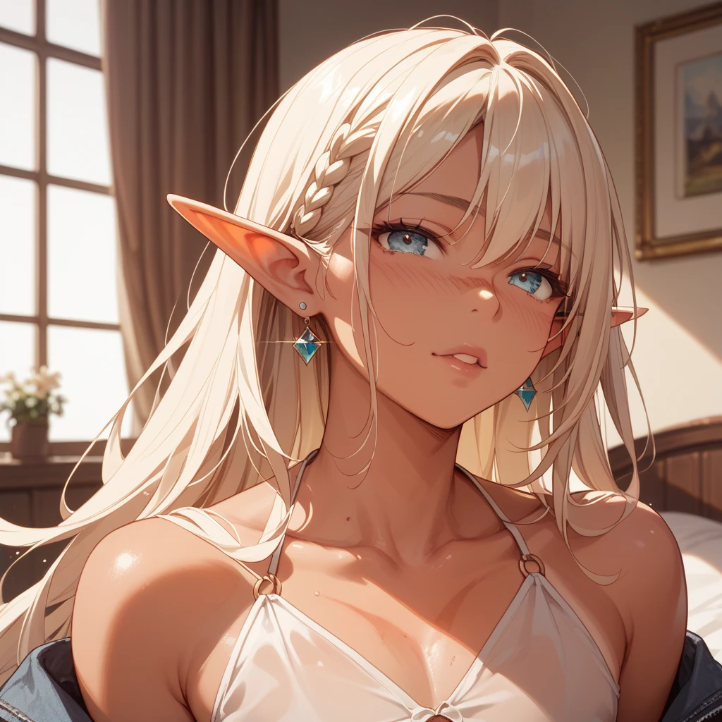 ((Masterpiece)), (Anime:1.3), ((best quality)), (RAW photo:1.2), (High Definition:1.3), (Professional Photography:1.2), (12 years old), (1girl), cute young girl, BREAK, (cheek pull:1.3), (Beautiful dark daiamond eyes:1.5), (dark skin), elf girl, flat chest, slender waist, BREAK, (hair over eyes:1.2), very long bangs, Silky straight hair, very long transverse hair, ((blond hair)), wear a long cardigan, shortpants, on Acropolis Hills,