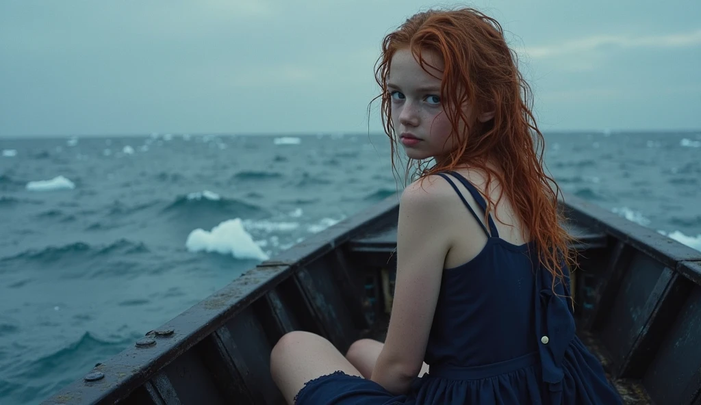Teenager 15 , small face ,long red hair,old and dirty clothes ,at sea, wooden raft,shipwrecking sadness on his face