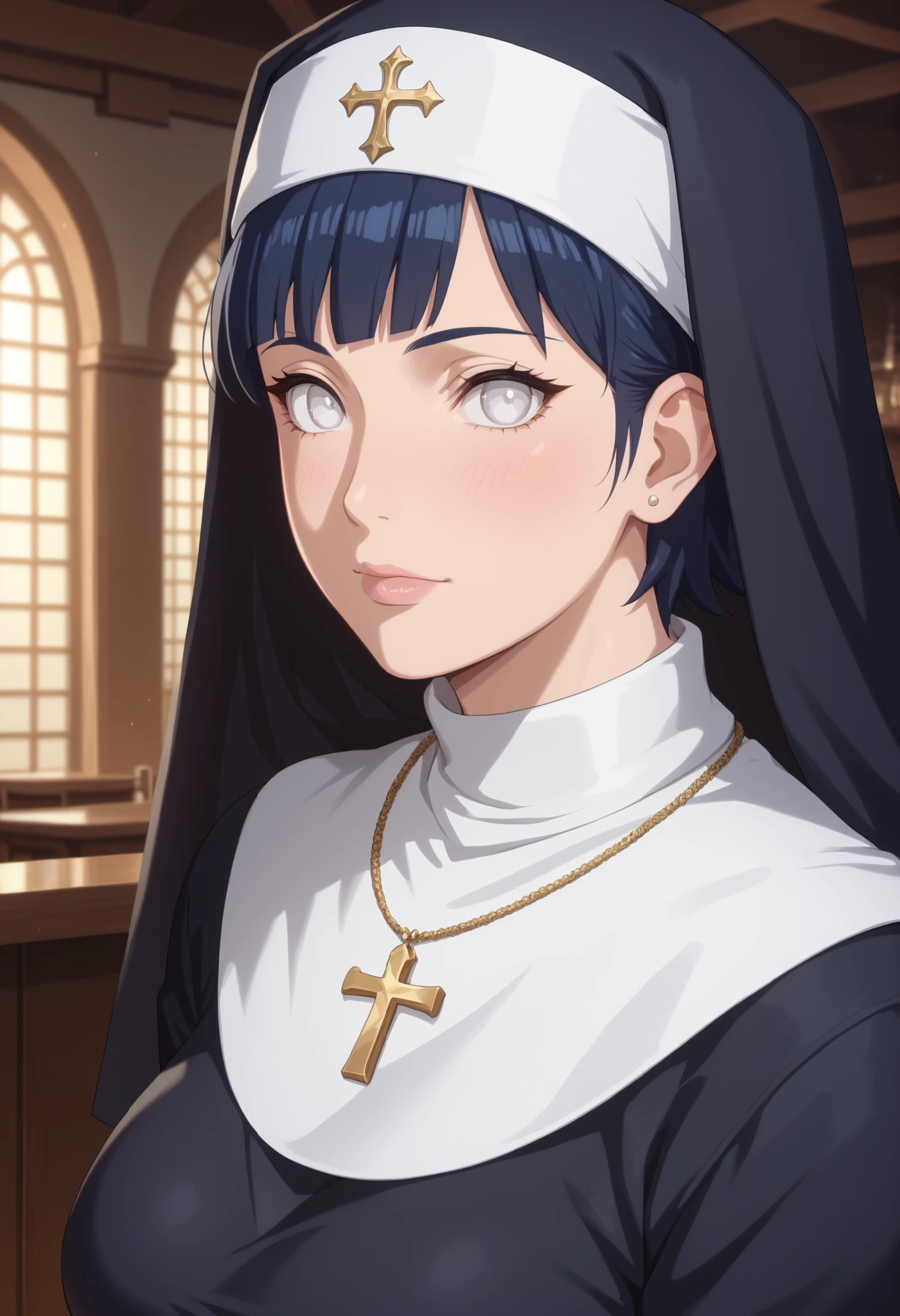 score_9,score_8_up,score_7_up,solo,looking at viewer, Hyūga_Hinata's/Boruto, White Eyes, short hair,bangs,shirt,Dark Blue hair,(Old West), a Nun in black (the secret underground bar,What are the stories of debauchery and extravagance Passionate lustfull, Wearing Nun Clothes, Cyber Templar Organization Leader.