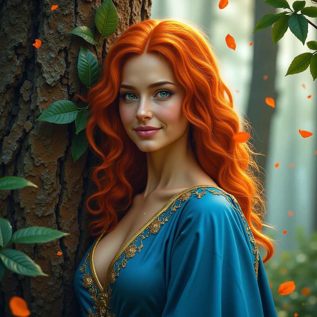 UHD, masterpiece, amazing quality, very aesthetic, ((A very beautiful 22 year old paladin warrior, a faint cetacean blue glow emanates from its robe)), ((candy pink lips)), long orange-red hair, leaning against a secuoya tree, leaves floating in the air, (flowing leaves & petals:1.3), golden dust sparkling in the air, ((Hyper realistic)), ((photorealistic)), looking at viewer, beautiful eyes, shy smile. The background is painted in a brushstroke style, with visible and expressive textures and dynamic strokes that add depth and movement. Masterpiece quality, stunning image, sharp focus, 8k UHD, soft lighting, film grain, vibrant, no blur, wide angle, soft cinematic volumetric lighting, high quality, top quality, (Best Quality), dynamic angle, epic landscape, panoramic, colorful, beautiful masterpiece, 16k, best quality.