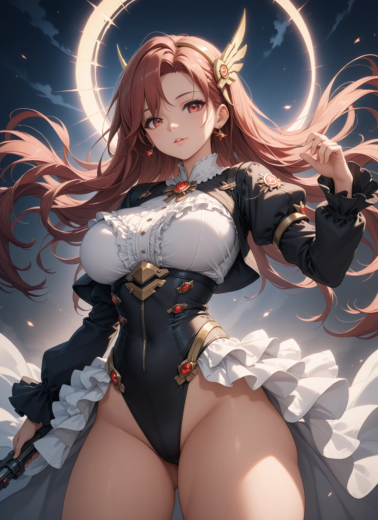 black hair, long hair, parted bangs, 1girl, blood, squatting, solo, very_long_hair, serafuku, navel, school_uniform, breasts, skirt, choker, black_serafuku, looking_at_viewer, black_skirt, midriff, black_footwear, gloves, high_heels, teeth, sleeves_rolled_up, jacket, large_breasts