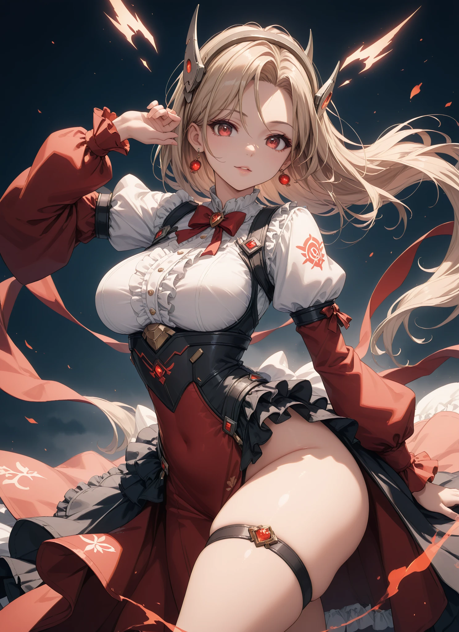 highest quality、、Big Breasts、Underboob、Fox ears、Long blonde、Red Eye、mini skirt、Panty shot、smile、Close-up shot、Angle from below