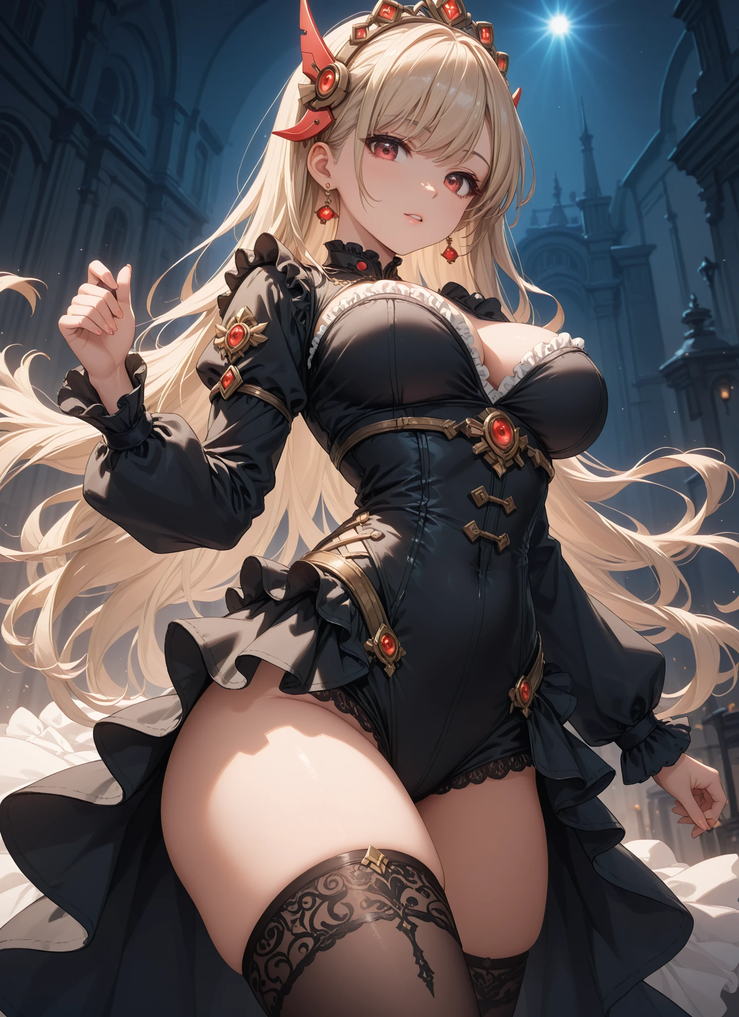 ((highest quality、High resolution、Highly detailed CG Unity 8K wallpaper))、detailed face、perfect body、unparalleled beauty、blonde、beautiful breasts、Embarrassing erotic smile、Black and red gothic dress、((She lifts up her skirt and shows her panties、I'm seducing you))
