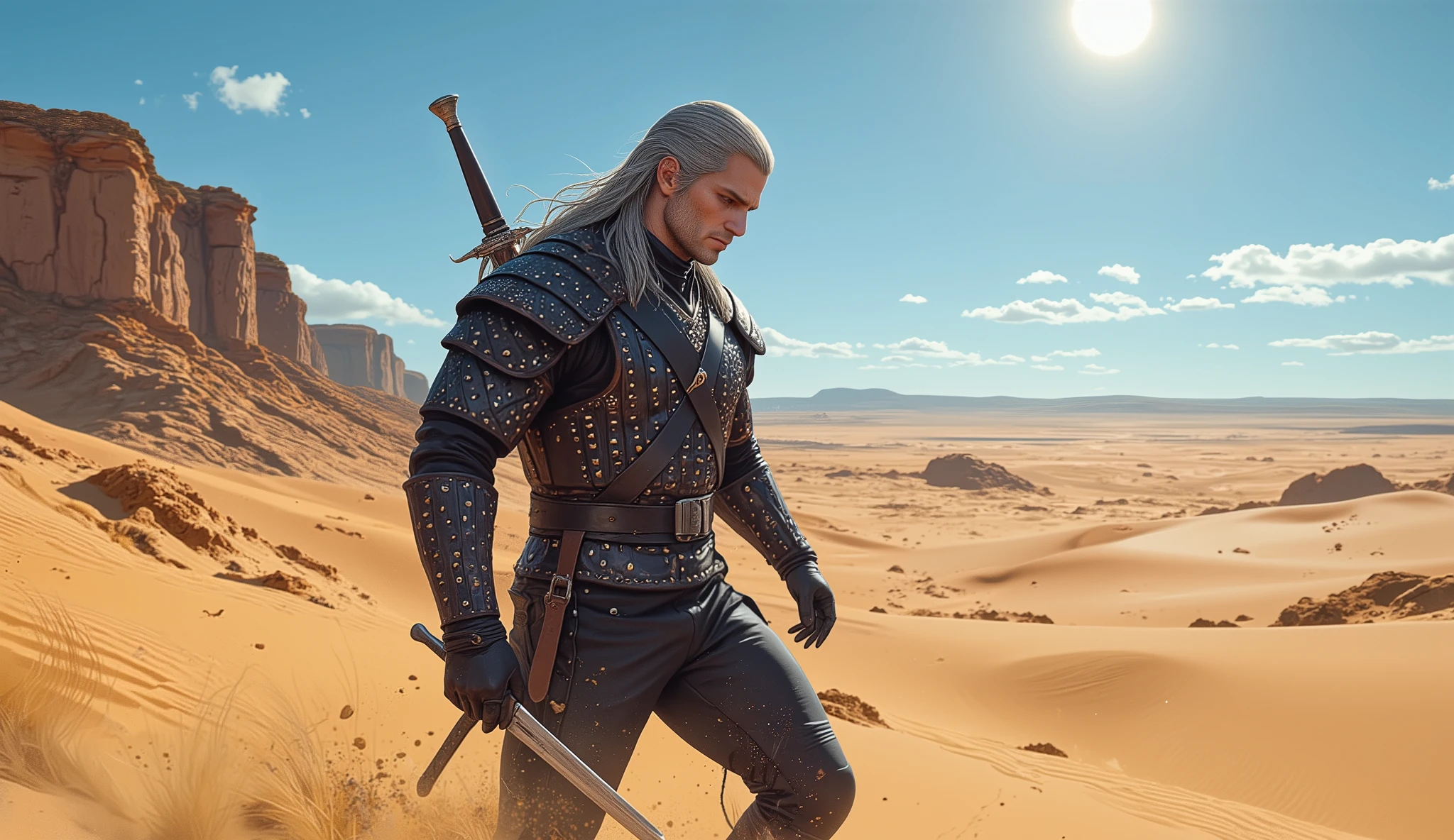 Geralt of Rivia, walking on the desert under the scorching sun, side view, panoramic