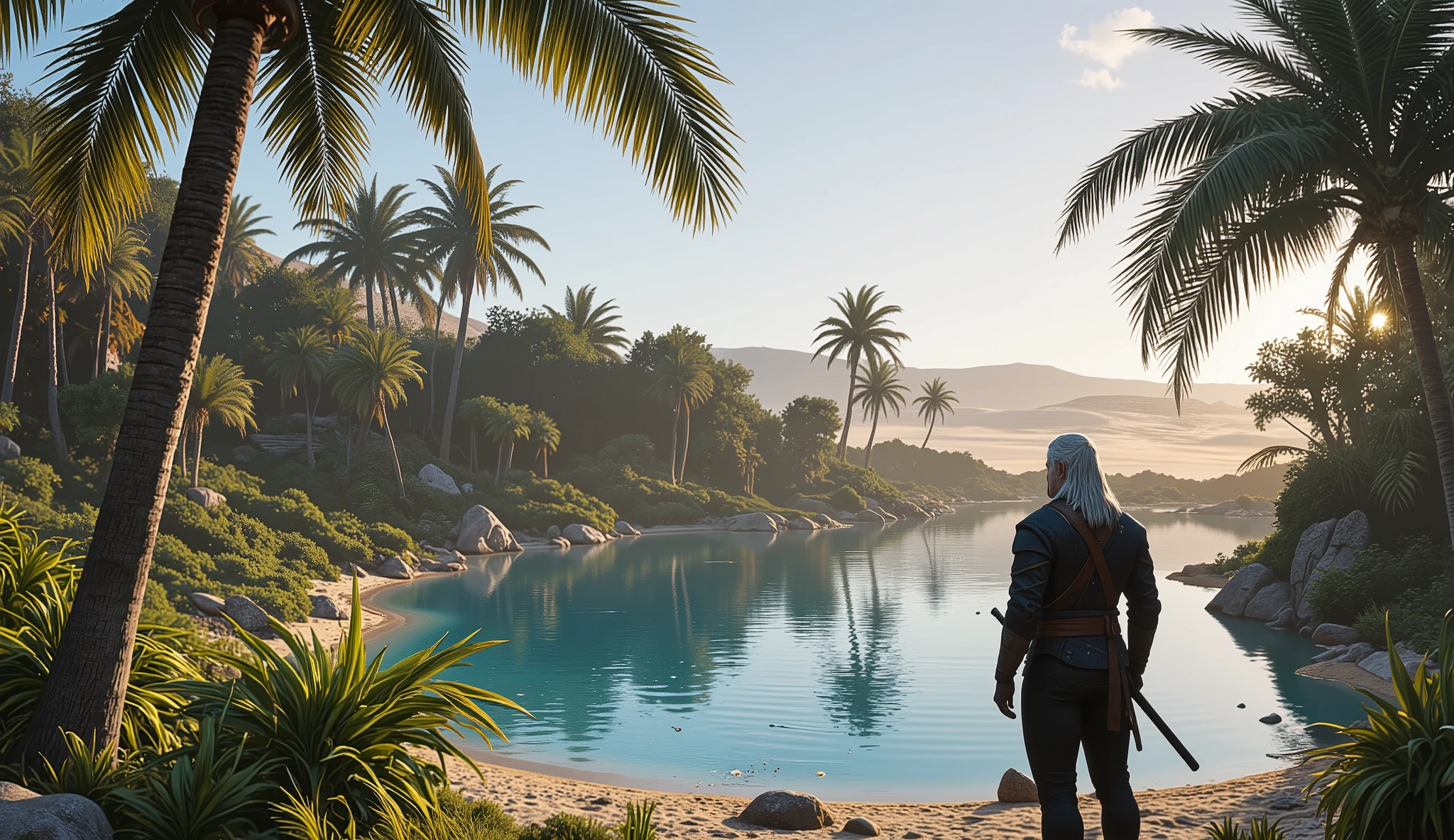 Geralt of Rivia, found oasis in the desert with cold water pool under the palm trees, view from the front, panoramic
