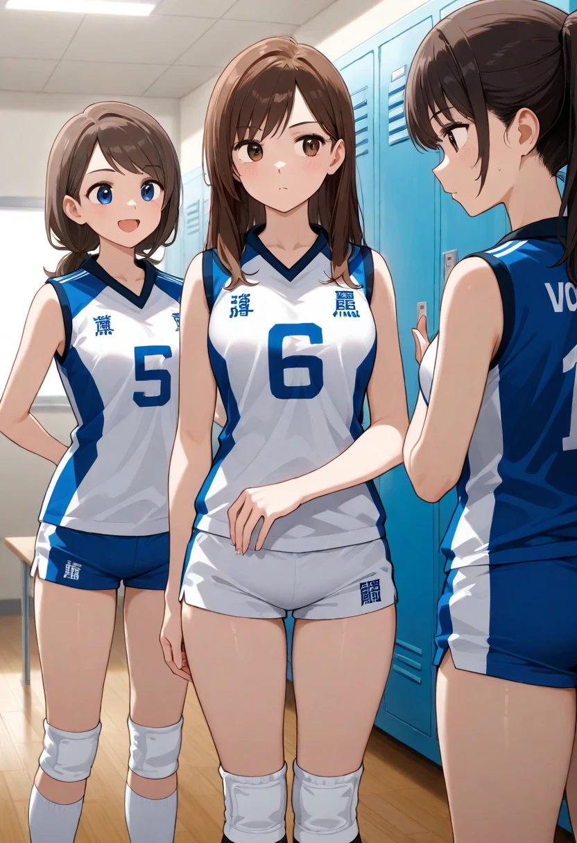 unity 8k wallpaper, anatomically correct, (((masterpiece))), (((best quality))), (((ultra detailed))), (((high-resolution))), ((super fine illustration)), ((Ultimate cutie)), ((detailed beautiful face)), perfect hands, perfect finger, (((good anatomy))), BREAK, multiple girls, lovingly gaze, harem, group picture, 17 years old, (potbelly), (Curve), medium breasts, ((thick thighs)), Shiny hair, (((coquettish smile))), (((blush))), BREAK, Adidas, Sleeveless collared Volleyball Uniforms, ((wristbands)), BREAK, (Hold the beautiful spherical 6-inch volleyball), ((Sweat)), (perspired), (Heavy breathing), in gymnasium, in volleyball court, depth of field, strong light, cowboy shot,,