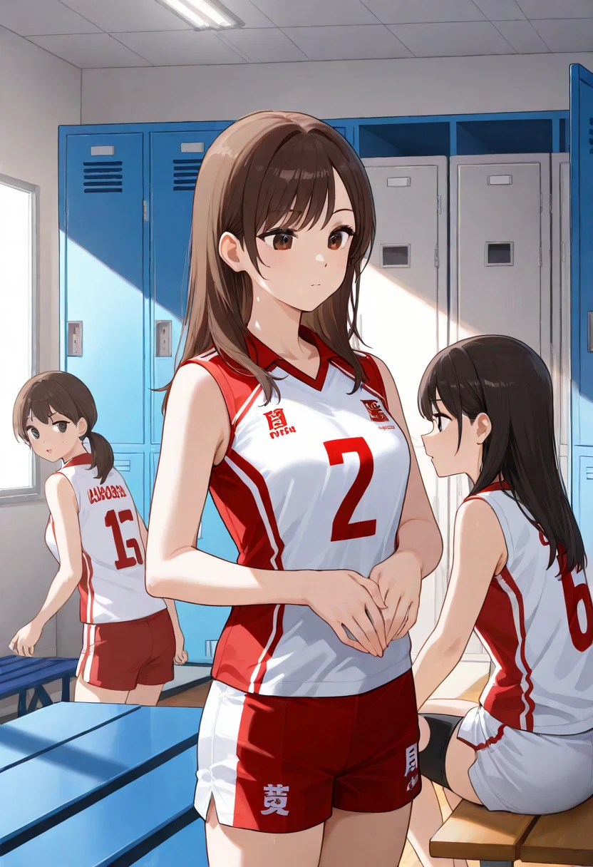 Only one female, /(Volleyball Uniforms/), /(Dark brown hair/) bangs, Blushing Smile, (Masterpiece Top quality:1.2) Delicate illustrations, super detailed, Big Break /(Indoor volleyball court/)