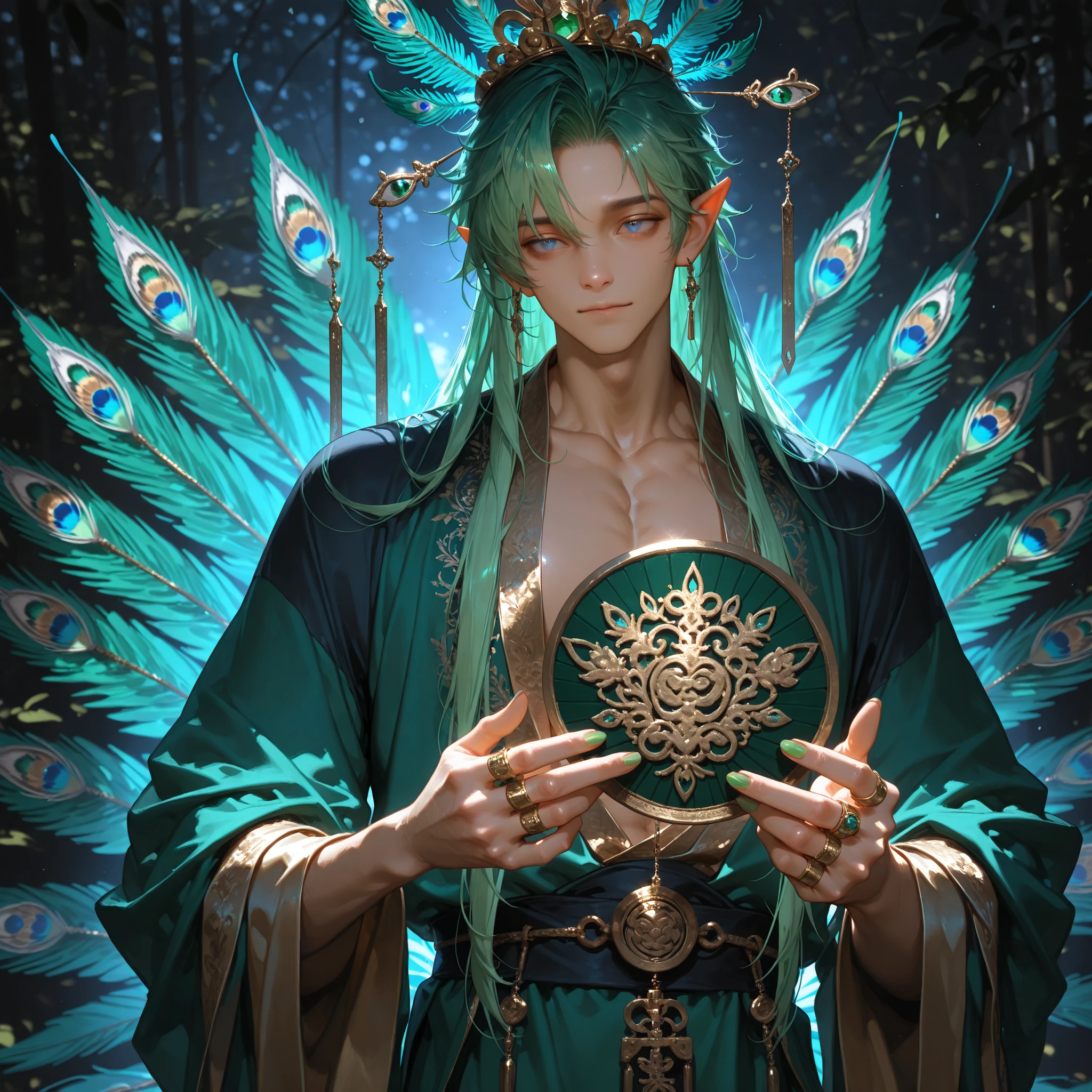 (High quality CT,4K,High resolution,main part:2.3),Very detailed,realistic:1.37,Best quality,masterpiece, high resolution,on_body, Tyndall effect,photorealistic, edge lighting, Two-color backlight,(high definition of skin:2.3), (8K UHD, DSLR quality, soft lighting, high quality, surround lighting, sincere, de 8K , 4k, 8K.) (male character/male bodybuilding) Background: Temples among the jungle. The harpy beastman. The young man has long straight loose green hair combeded to one side, peacock feathers are woven into his hairstyle. violet and blue eyes. pointed ears. He has emerald peacock bird wings and a bright green peacock bird tail. He has gold nails and rings on his fingers. He is dressed in a men's emerald-gold Hanfu robe decorated with embroidery of turquoise and blue feathers. He has a golden fan in his hand.
