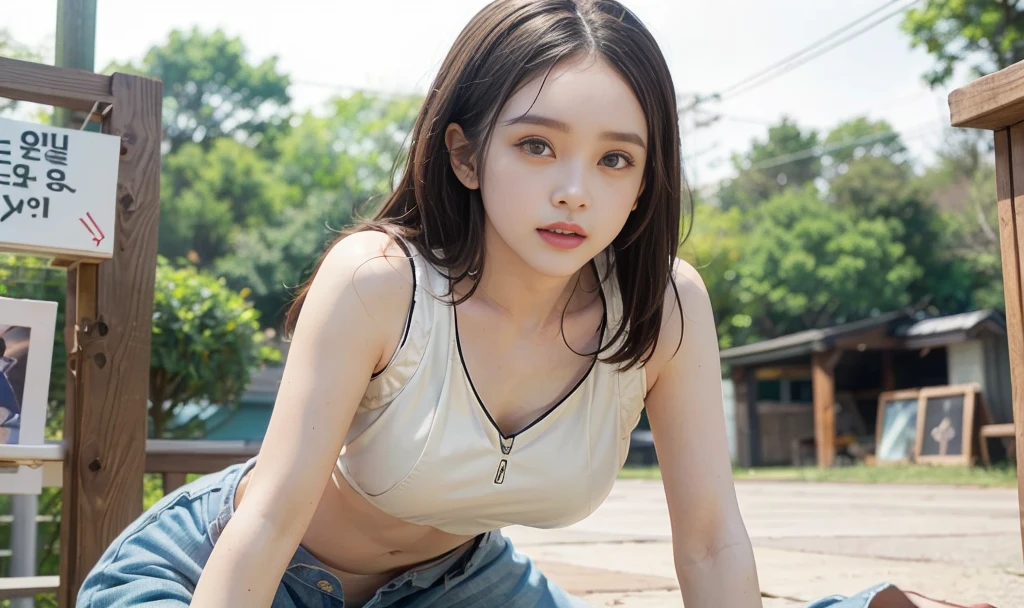 masterpiece, best quality, Surreal, Ultra Detailed, 8k resolution, RAW photos, Clear focus, (A girl in the forest), ((light gray shirt)), sleeveless, sports Shorts,, Solitary, Perfect body, Perfect body, Playful and flirty pose,Half-length photo,Bangs to eyebrows、Beautiful brown hair、Beautiful and delicate eyes、Brown eyes、Raise an eyebrow、Bangs to eyebrows、Beautiful brown hair、Beautiful and delicate eyes、Brown eyes、Raise an eyebrow、High Nose、Small nostril、Little mouth、Tempting lips、Mouth slightly open、Beautiful breasts、Full body、Oval face,Phoenix Eyes,Eyebrow, Double eyelids, Long eyelashes, A faint smile, ,She has a pair of eyes as clear as water,Eyebrows are like distant mountains,Creamy skin,Lips like cherry blossoms。Her beauty is not only in appearance,It's more about her fragile yet tenacious temperament,Like a hibiscus flower swaying in the wind,It's pitiful, A faint smile,
32 inches in the chest,(a charming smile:1), (sexy pose),26 years old, light,White shoes,