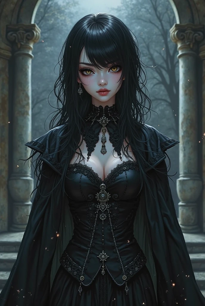 (best quality,highres:1.2),horror,beautiful detailed eyes,beautiful detailed lips,gothic style portrait,ultra-detailed hair,realistic skin texture,milf girl, cleavage,gloomy atmosphere,dark lighting,gorgeous black dress,hauntingly beautiful,subtle shadows,emotive expression,moody background,gloomy ambiance.((18s style))