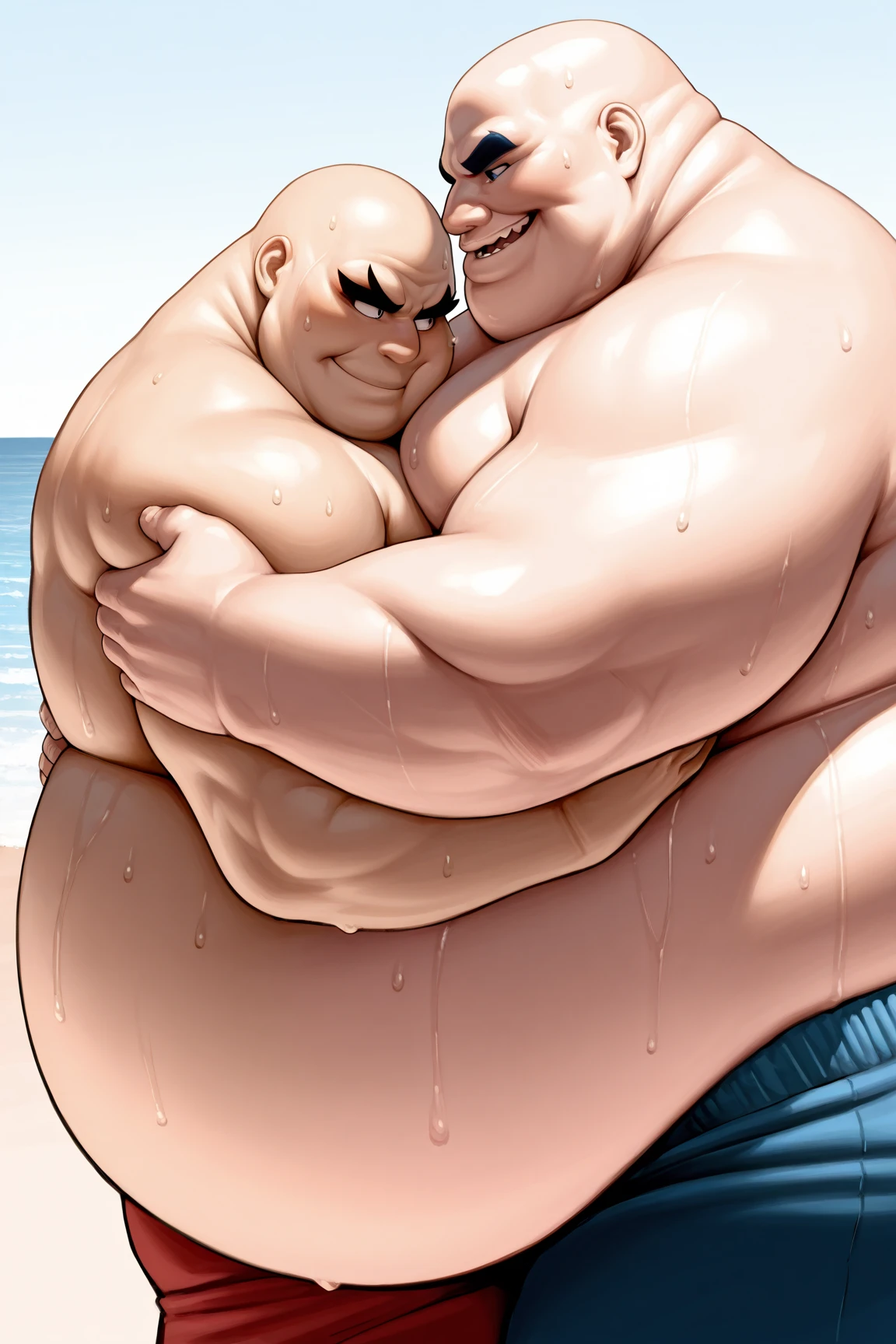 Two highly muscular naked bearded men hugging, highly muscular bearded men, one is a larger fat muscle gut chubby daddy bearded man, standing in goo pool, slime covered over groin & legs, hyper detailed muscular anatomy, red bearded, dramatic lighting, fantasy, 4k, highly detailed, photorealistic, masterpiece, vibrant colors, cinematic, dramatic pose, size difference