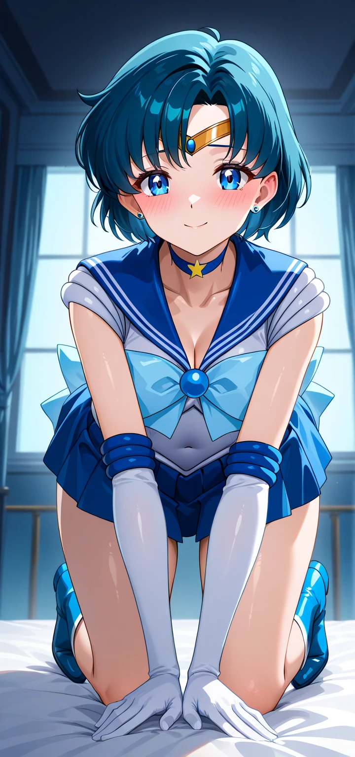 masterpiece, Highest quality, High resolution, Realistic, Show more1, tiara, Sailor Warrior Uniforms, Blue Skirt, Blue sailor collar, tiara, bow, Knee Boots, choker, White gloves, ((blue choker)), elbow gloves, jewelry, Earrings, Pleated skirt, At the bed, Angle from below, ((Spreading :1.3)), 