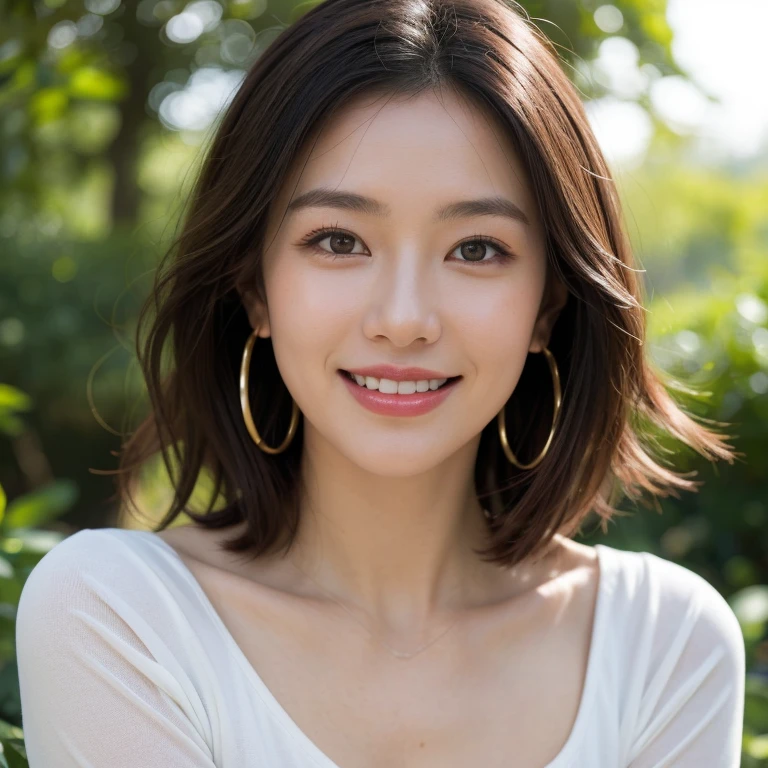 (Raw Photo), (Photorealsitic), (Masterpiece), (Best Quality), High Resolution, 8K, (Intricate Details), (Voluminous Light), Portrait, Female, (40 Years Old), Medium Straight Hair, Layered hair, brown hair, very fine eyes, source order, very fine eyebrows, very fine skin, very fine mouth, very fine nose, like an idol, happy smile, (thick lips), (looking at the viewer), (elegant vivid colorful Translucent bustier short dress), full body shot, background is a green park with a brick building, (Random body orientation),