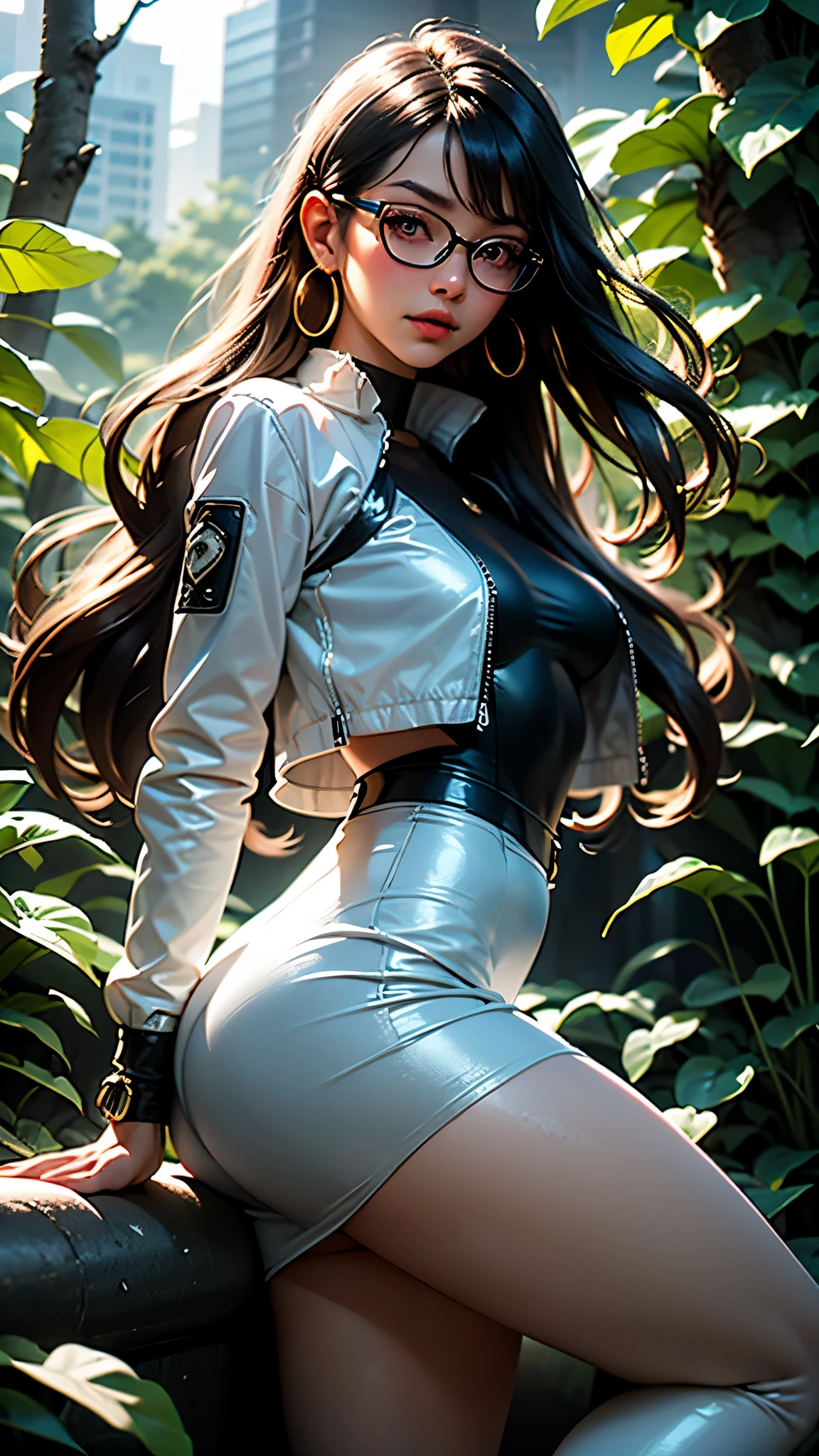(woman alone, style of smeglejj, gorgeous eyes, red glasses, small bust, shiny white crop jacket, long flowing skirt, knee length high heels, golden string earrings)
bottom: futuristic city at night, wet streets with glitter, tall buildings with holographic screens.
style: extremely detailed, Cyberpunk lighting , dramatic shadows, 8K, piel perfecta, highest quality, she has a jump in her steps, intense look
bottom: Dense forest with tall trees, sunlight filtering through the leaves, Bright flowers, mystical environment with luminous particles.
style: realistic fantasy, vibrant colors, contrast between black leather and nature, hyperrealistic details in textures.Skin with realistic but impeccable pores.
Light effects adapted to the environment
Subtle variations in the hairstyle (swept bangs or streaks in the wind).