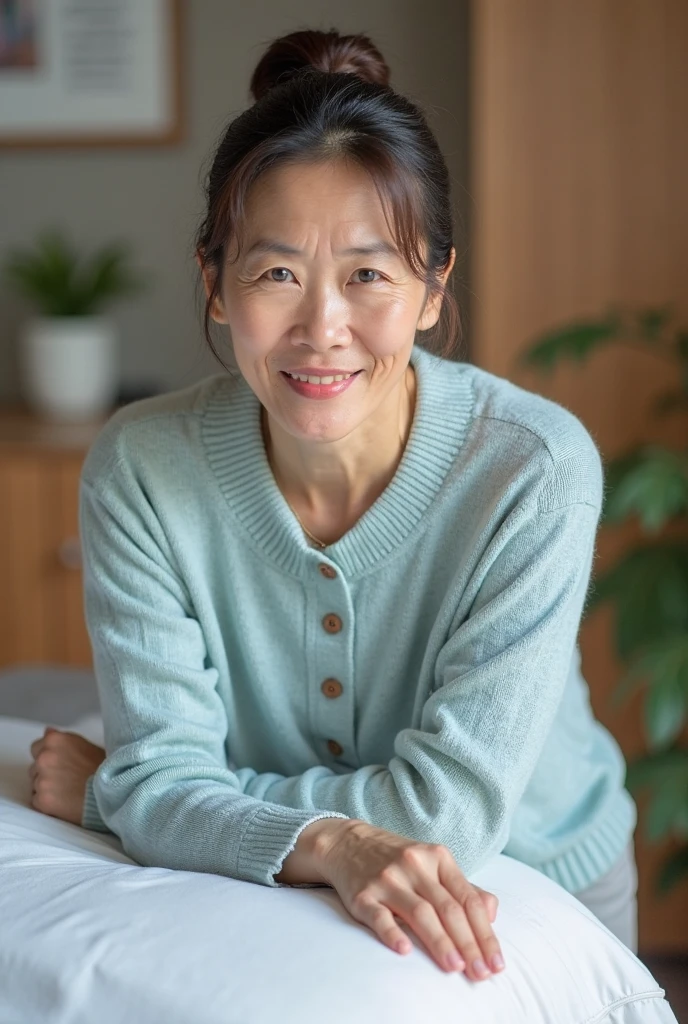 (masterpiece:1.4),(66-year-old woman:1.5),(facial wrinkles 1.2), (hair tied up : 1), A kind smile,maternal, Mature Woman, (dressed as a nurse : 1.2), (white Short sleeve uniform of nurse with single front zipper : 1.3), acnes, skin blemishes, fleckles, hospital, bed, (muscular arms : 1.4), (thick arms : 1.3), (arms folded in front : 1.3)