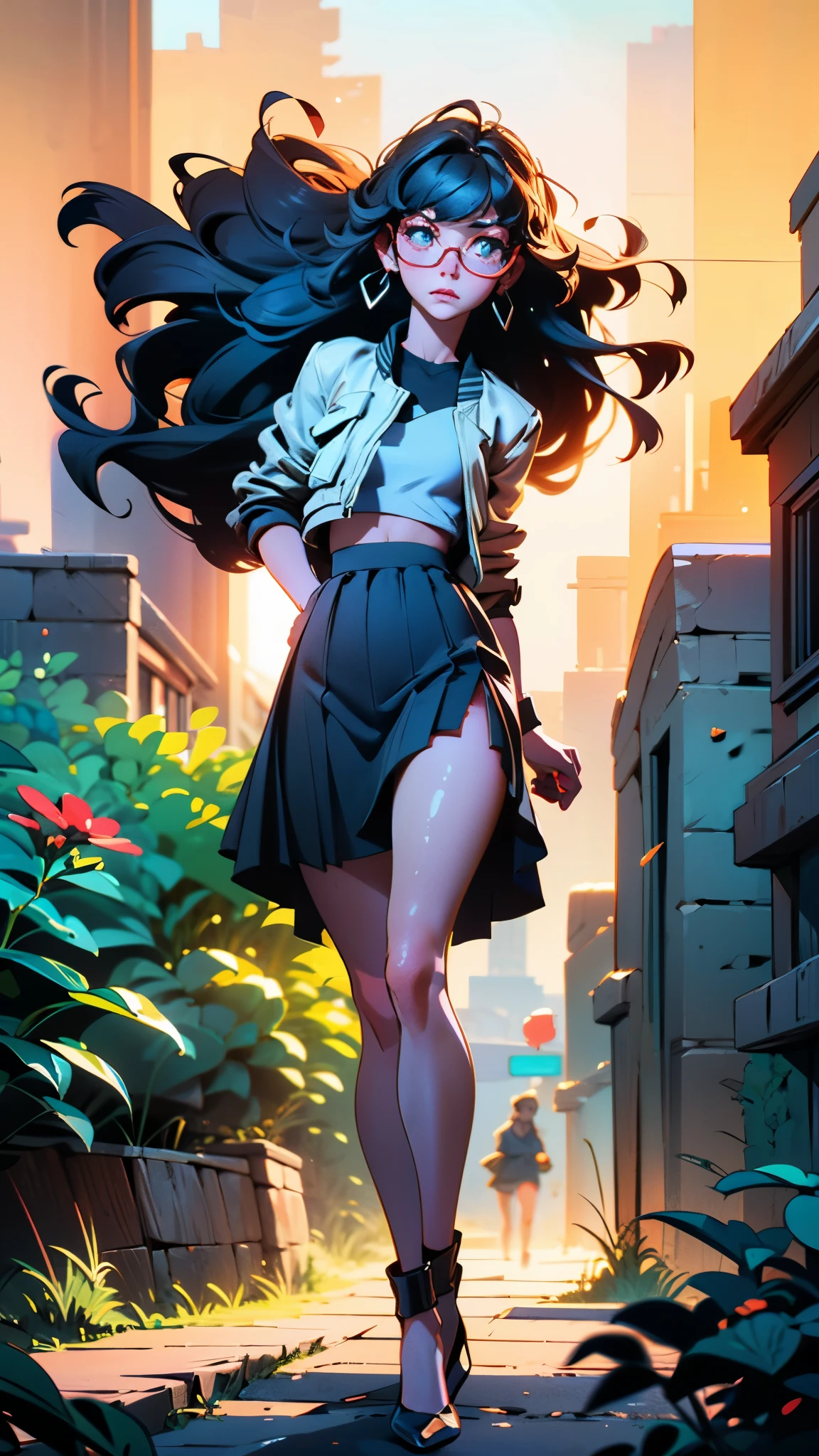 (woman alone, style of smeglejj, gorgeous eyes, red glasses, small bust, shiny white crop jacket, long flowing skirt, knee length high heels, golden string earrings)
bottom: futuristic city at night, wet streets with glitter, tall buildings with holographic screens.
style: extremely detailed, Cyberpunk lighting , dramatic shadows, 8K, piel perfecta, highest quality, she has a jump in her steps, intense look
bottom: Dense forest with tall trees, sunlight filtering through the leaves, Bright flowers, mystical environment with luminous particles.
style: realistic fantasy, vibrant colors, contrast between black leather and nature, hyperrealistic details in textures.Skin with realistic but impeccable pores.
Light effects adapted to the environment
Subtle variations in the hairstyle (swept bangs or streaks in the wind).