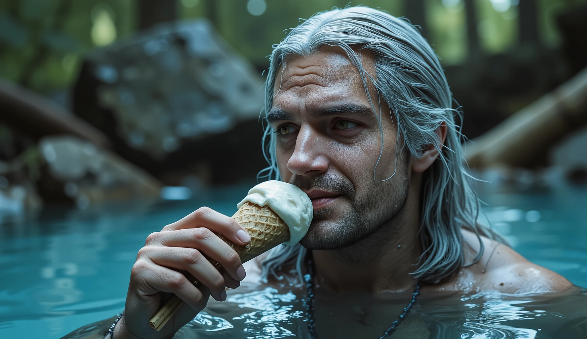 Geralt of Rivia, soaking in cold water pool and eating ice cream, close up view, he wink
