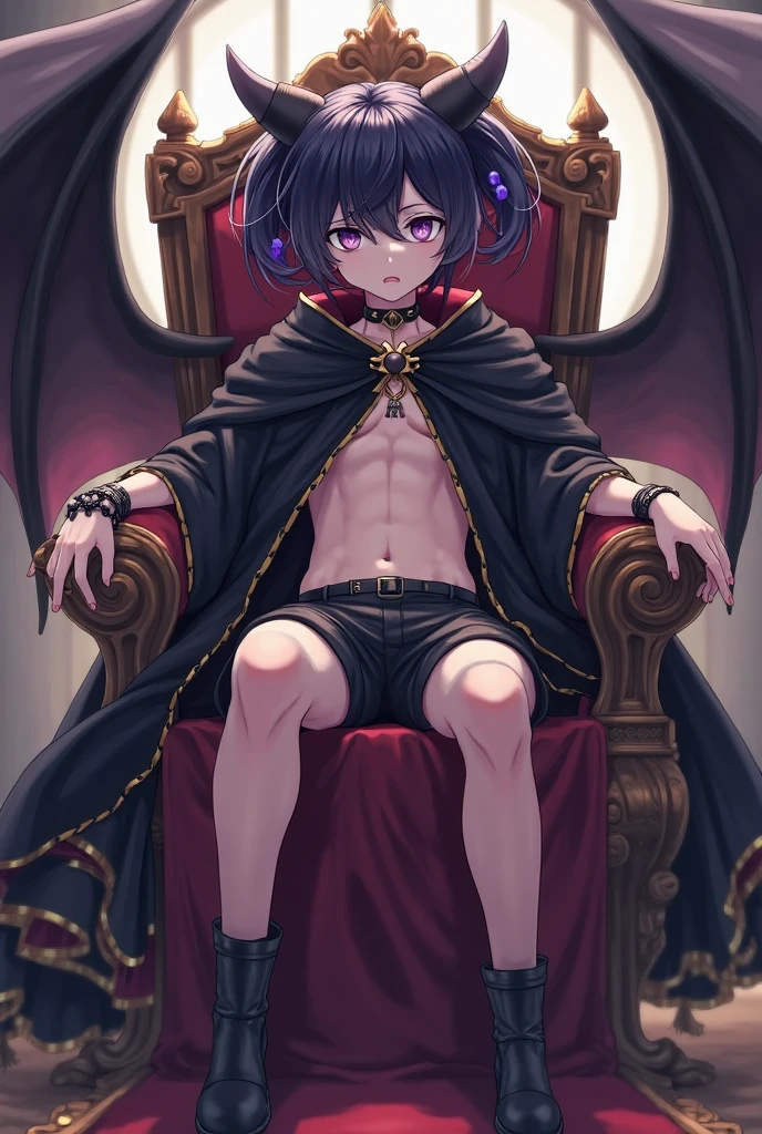 a 25 year old man, defined body, feminine traits, red and green eye, pointed chin, lower lip piercing, wide, messy hair, tattoos, naked, seated, big penis, Semen, seductive pose, on a throne