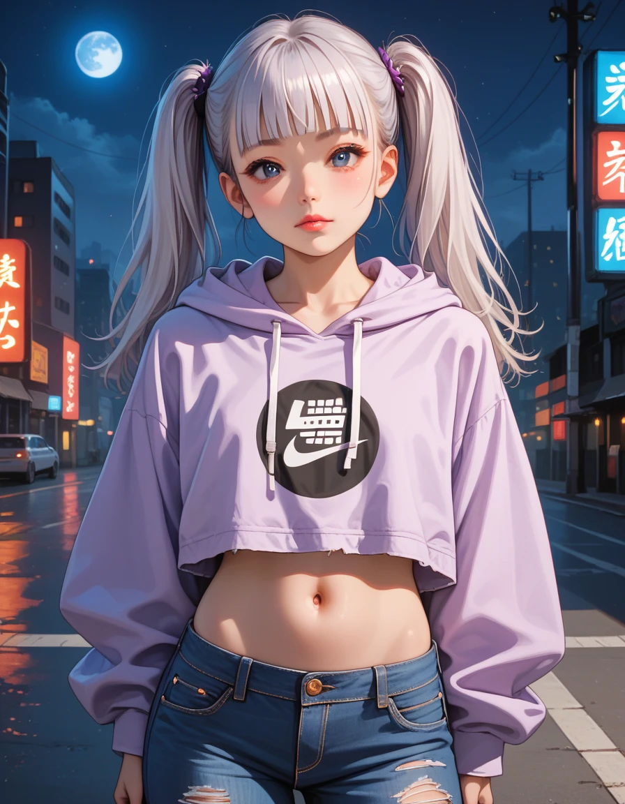 miku hatsune、Track jacket、Jersey、Golden and black and light blue and silver and pink hair、O cabelo multicolorido、Photorealsitic, hight resolution, Heterochromia eyes, small moles under eyes、bob cuts、Blunt bangs、Lucy\(cyberpunked\), 1girl in, hair scrunchie, hime-cut, silber hair, Color Chip, fullmoon, grey eyes, white shirt, Black tie、Black shorts、long-sleeve, (Look at viewers), Medium Hair, O cabelo multicolorido, Bangs parting, cparted lips, A pink-haired, Red Eyeliner, red-lips, 独奏, White jacket, cyberpunked\(Series\), Rainy night in cyberpunk city with glowing neon lights,frombelow, yes、all-fours、Huza