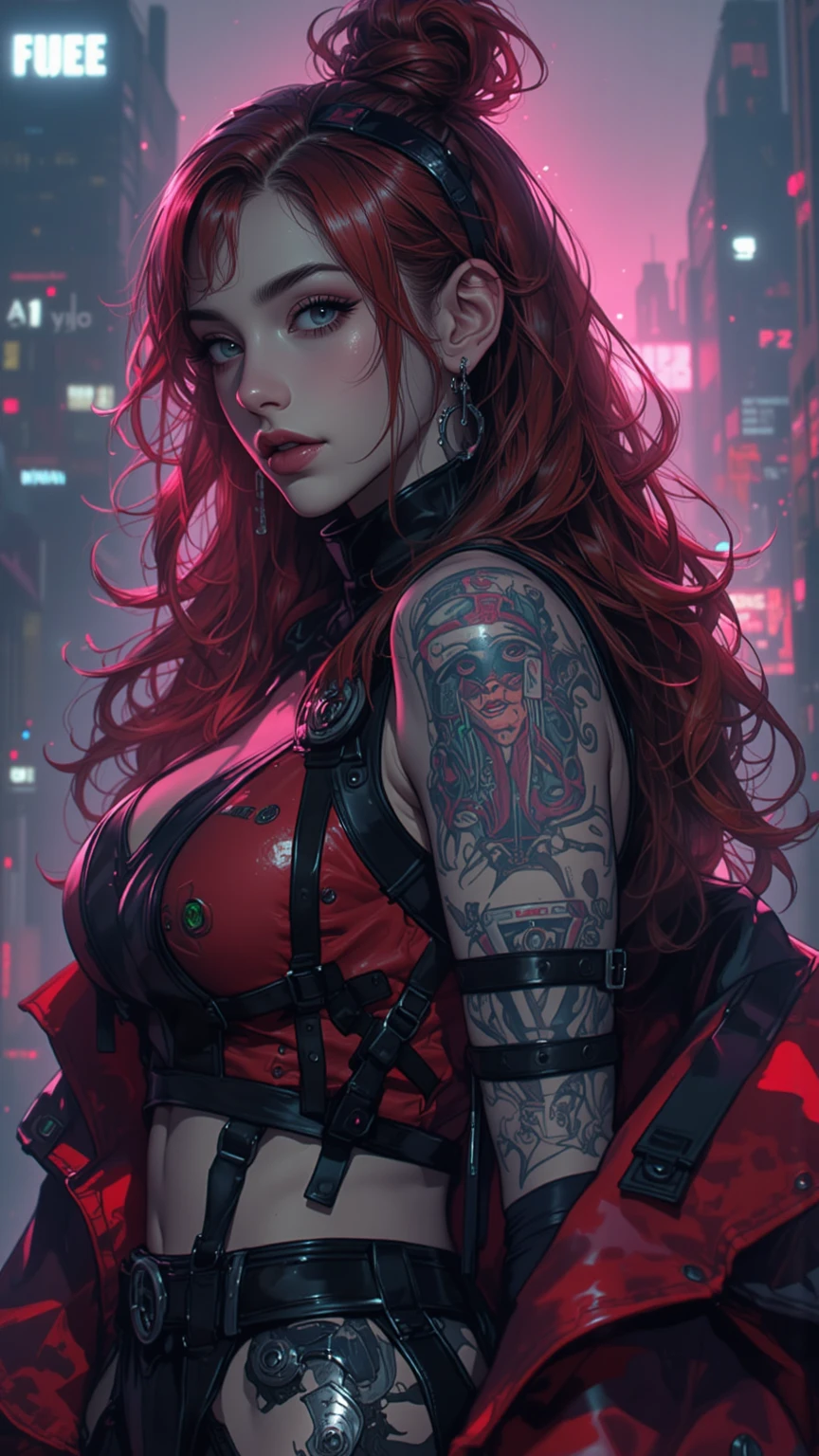 1girl, redhead hair, girl, mature woman, micro highleg highneck swinsuit, small breast, futuristic cyberpunk, bionic joints, (twin tail, hairband, mechanical eye, colored sclera, red sclera, long hair, green pupils, fang, red eyes, black croped jacket ) 2d, colorful manga detailed illustration, cinematic, ultra highly detailed, beautiful details, vivid, saturated colors, filigree detailed, tiny details, pop surrealism, cowboy shot