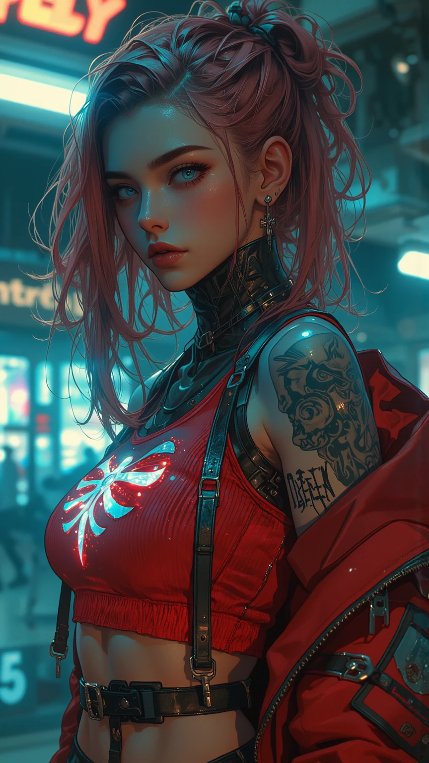 Aktmeisterwerk, big round tits, naked cyberpunk girl with cyber implants, glowing halo above the head, black cyber bikini, Regenbogenfarbenes Haar, large round tits, Side view of the upper body, look forward shyly, black cyber bikini, A cute girl with an incredible amount of colorful tattoos all over her body, large round tits, glowing halo above the head, Cyber-Implantaten, Regenbogenfarbenes Haar, lange Haare, toupiertes Haar, "Handel mit Derivaten, HDR, RGB, sehr realistisch, volumetrisches Licht, Auren, lebendige Farben reflektieren, visuell surreal"