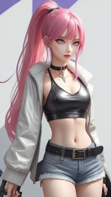 tiktok girl, (from_side:1.3) (standing:1.2) pink_hair , bun , 2000s , black leather,straps , intricate kimono , (in zero-gravity) , jewelry, (full_body:1.4), (realistic:1.4), masterpiece, high quality, realistic lighting, center of frame, 8k, hdr, amateur, face scar