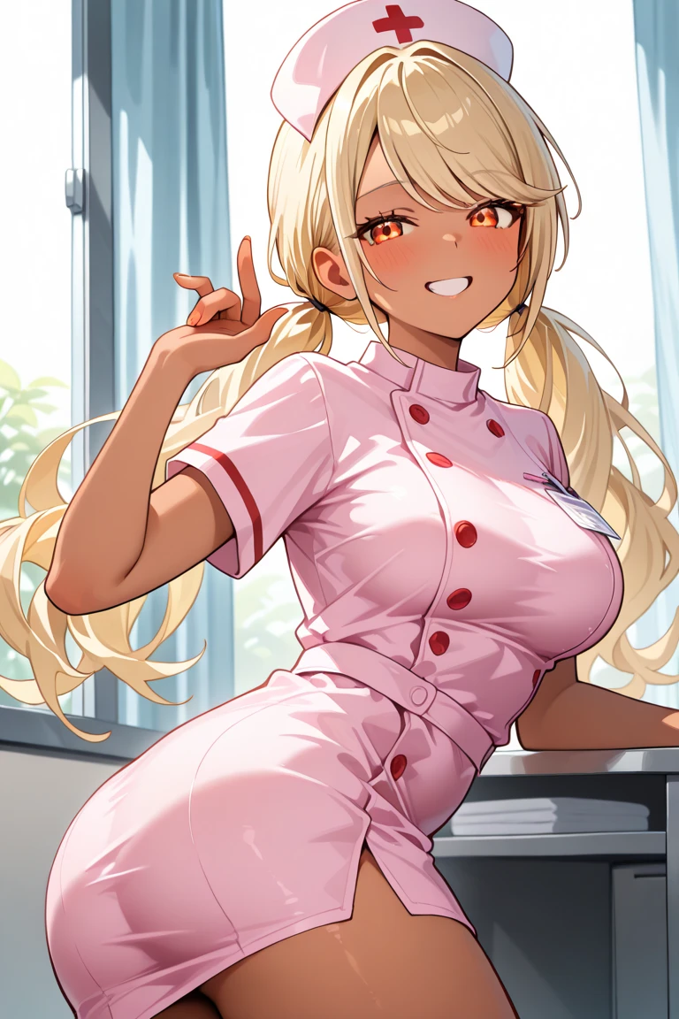 Berissaki, 1girll, Solo, Red eyes, Blonde hair, Long hair, Large , dark skinned female, Dark skin, Smile, standing, Dynamic pose, 8K, Masterpiece, Best quality, absurderes, Perfect anatomy, Cinematic lighting, Cowboy shot, (nurses uniform:1.1), (hospitals, surgery room:1.1)