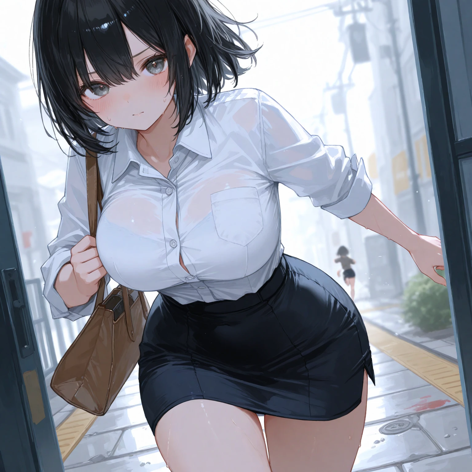 One woman, blush,  Sweat Embarrassing See-through nipples Front, Short Hair, Black Hair, Feel very small breasts pubic hair 8k, Very detailed, 16K, (naked), Outdoors, Walking, Black Eyes, Pink Polo Shirt, Short Sleeves, Black Skirt, Skirt Lifted, Hands Lifting Skirt, No Panties, Pussy