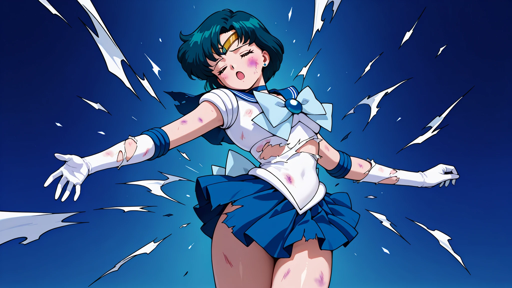 masterpiece, amazing quality, best quality, ultra-detailed, 8K, illustration, clear skin, ultra-detailed-eyes, soft skin, very awa, very as2, soft body, 90's style, official art, ami mizuno, closed eyes, :o, blue hair, short hair, parted bangs, back bow, blue bow, blue choker, blue sailor collar, blue skirt, bow, choker, gloves, jewelry, magical girl, pleated skirt, sailor collar, sailor senshi uniform, stud earrings, tiara, lean back, torn clothes, bruise, exploding clothes