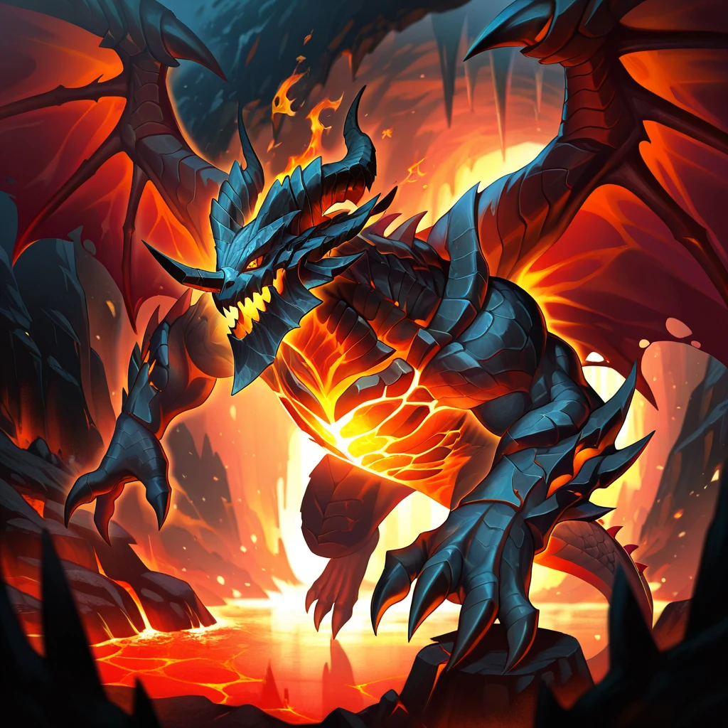 masterpiece, perfect quality, best quality, amazing quality, detailed, high detailed, detailed background, depth of field, 8k, high resolution, solo, deathwing unleashing fire from his mouth,dragon,monster,feral,muscular,(metal jaw:1.05),glowing chest crack,(metal chest:1.1),white chest,white jaw,black horns,wings,orange eyes,multiple horns,nose horn,claws,solo,(black_scales:1.1),(black body:1.1),large wings,red dragon wings,spread wings, 4 fingers,claws,toe claws,3 toes, open mouth, h3ll, hellscape, magma, lava, cave, stalagmites, stalactites, fire, ral-embrglt, fiery aura, 