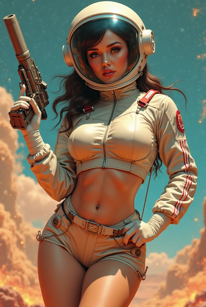 Distance shot, full body portrait, a beautiful brunette woman age 30, walking on the red surface of Mars in a spacesuit, facing the viewer, view of dark outer space, wearing tight white spandex shorts and white sports bra with NASA logo, midriff showing, 4k extremely photorealistic, uhd 4k highly detailed, ((ethereal lighting, ultra-high res.photorealistic:.1.4, (high detailed skin:1.2), 8k uhd, dslr, high quality, film grain, Fujifilm XT3,(masterpiece) (best quality) (detailed) (cinematic lighting) (sharp focus) (intricate)